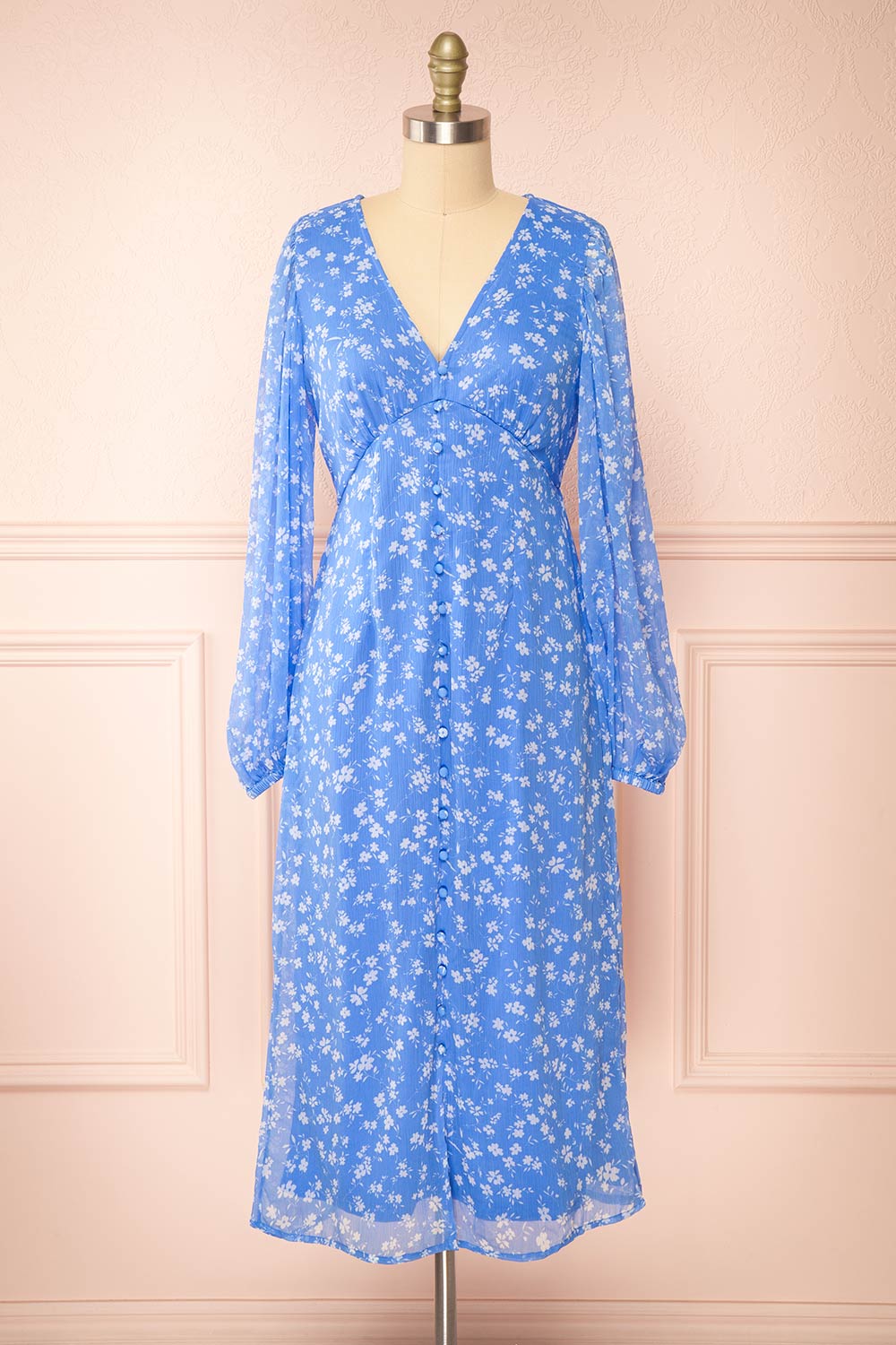 Natasha Long-Sleeved Floral Blue Midi Dress | Boutique 1861 front view
