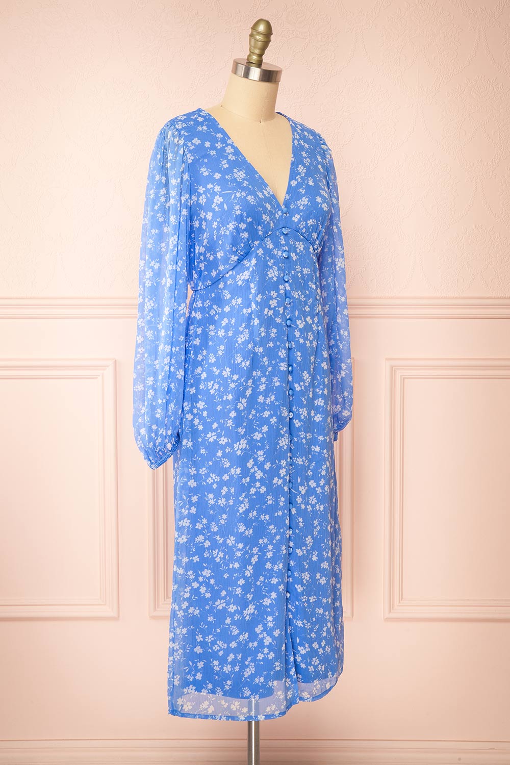 Natasha Long-Sleeved Floral Blue Midi Dress | Boutique 1861 side view