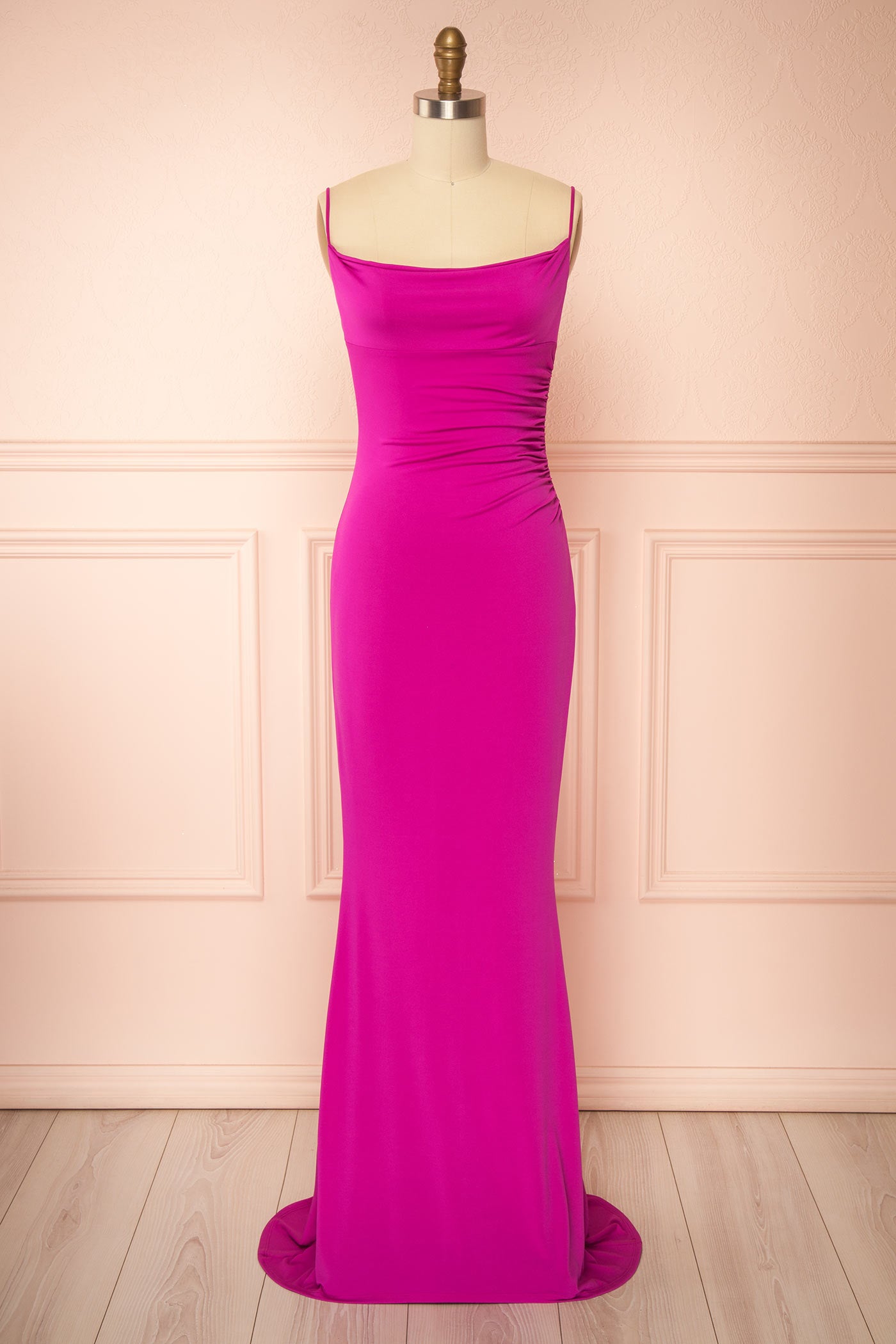 Frontview Nayla Fuchsia Mermaid Maxi Dress with Open Back at la boutique 1861
