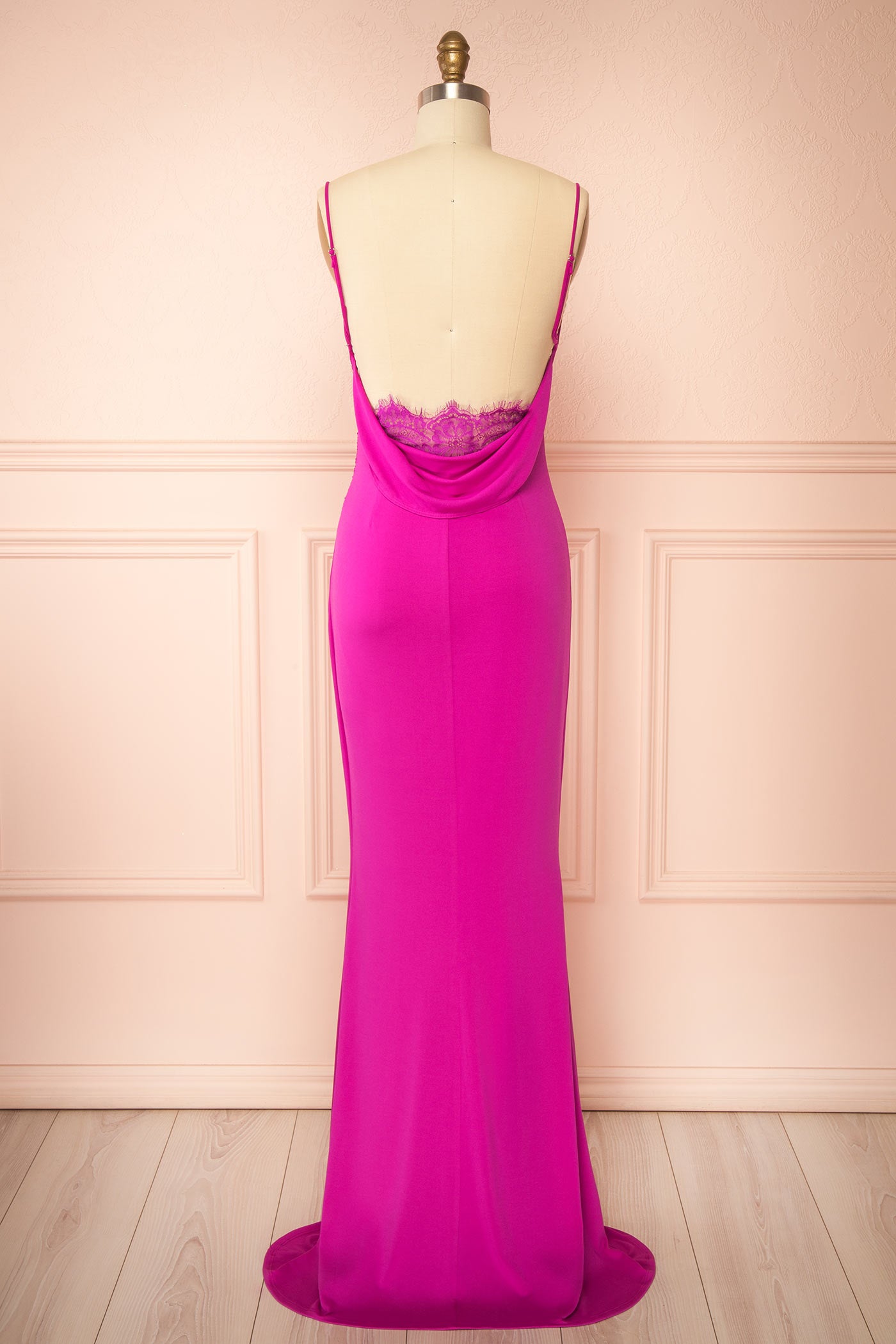 Backview Nayla Fuchsia Mermaid Maxi Dress with Open Back at la boutique 1861