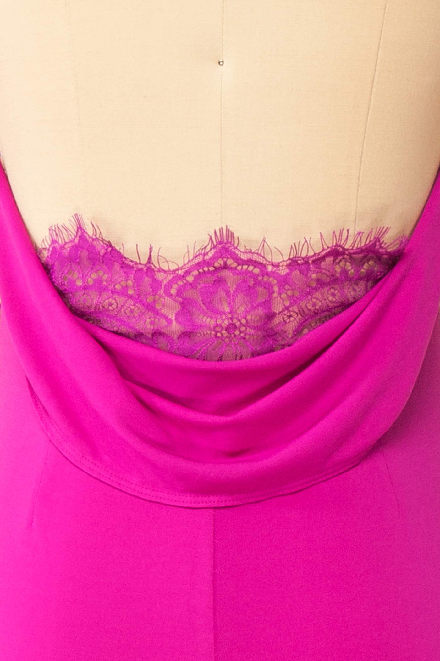 Close-up Nayla Fuchsia Mermaid Maxi Dress with Open Back at la boutique 1861