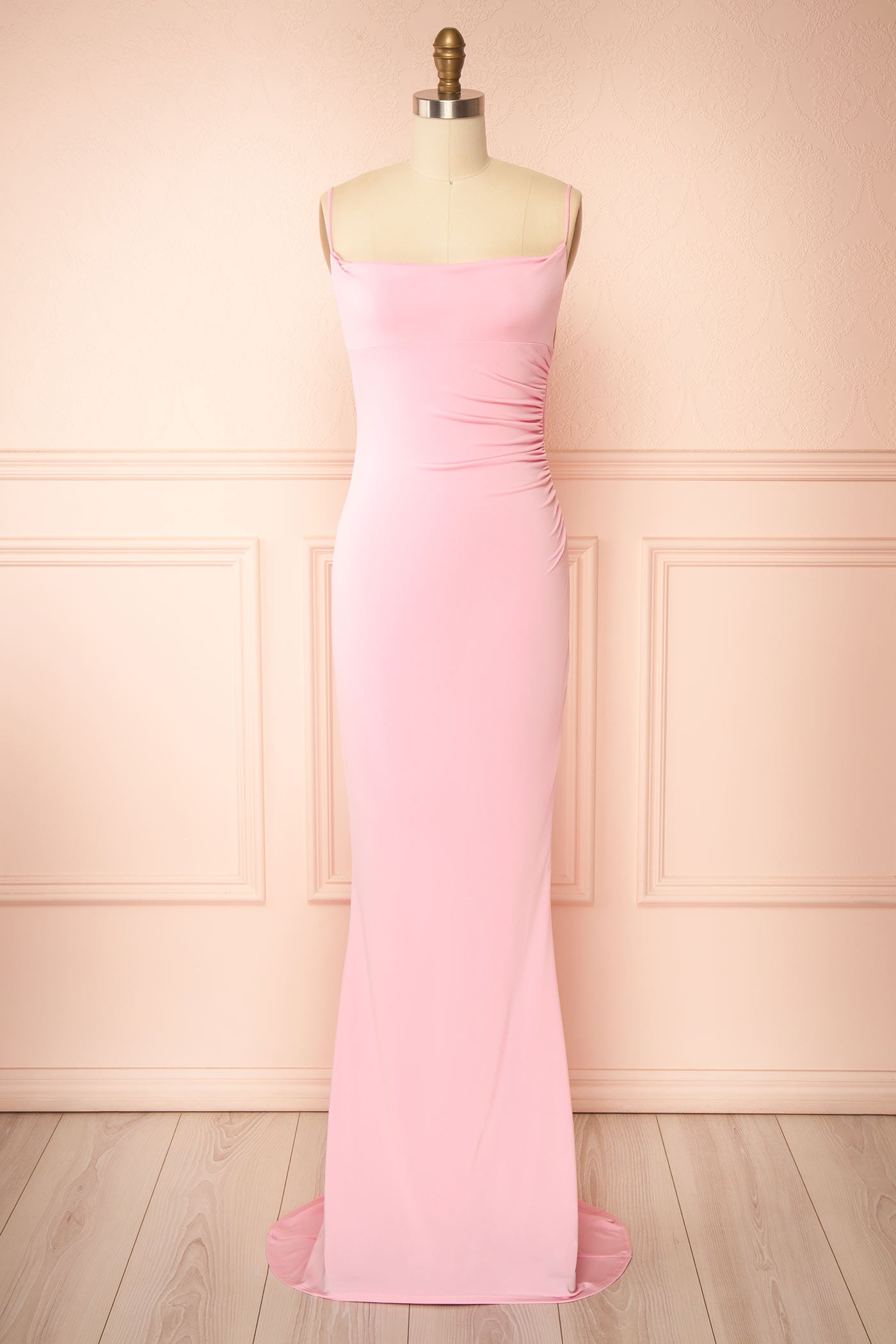 Frontview Nayla Pink Mermaid Maxi Dress with Open Back at la boutique 1861