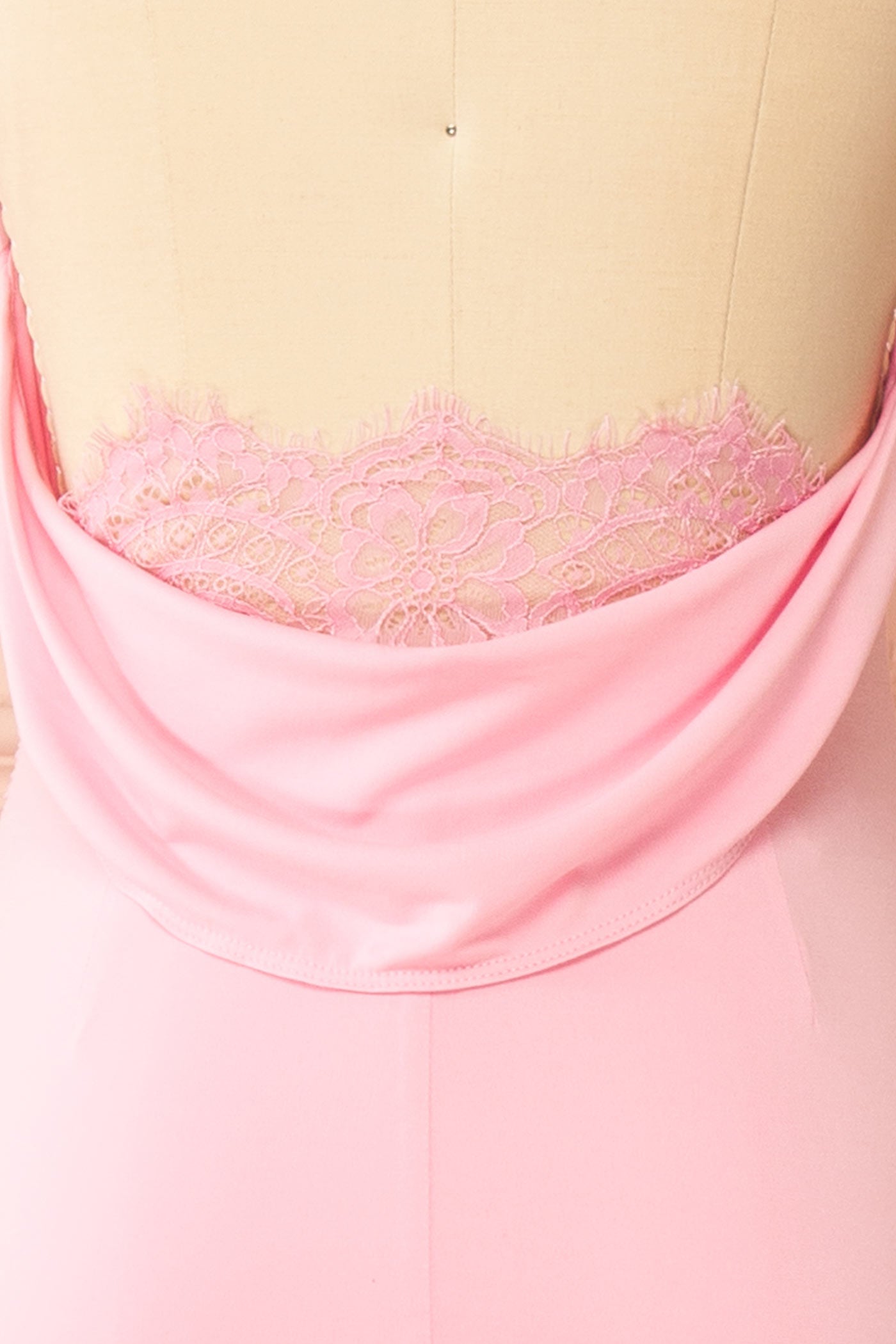 Close-up Nayla Pink Mermaid Maxi Dress with Open Back at la boutique 1861