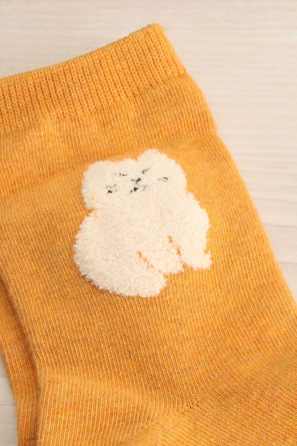 Nazca Yellow Crew Socks w/ Cat Detail | La petite garçonne close-up