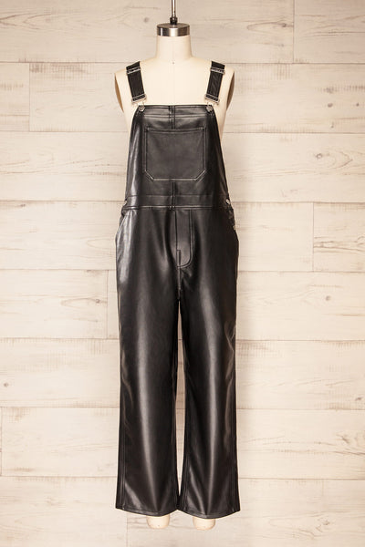 Ndjamena Black Faux Leather Overalls | La petite garçonne front view