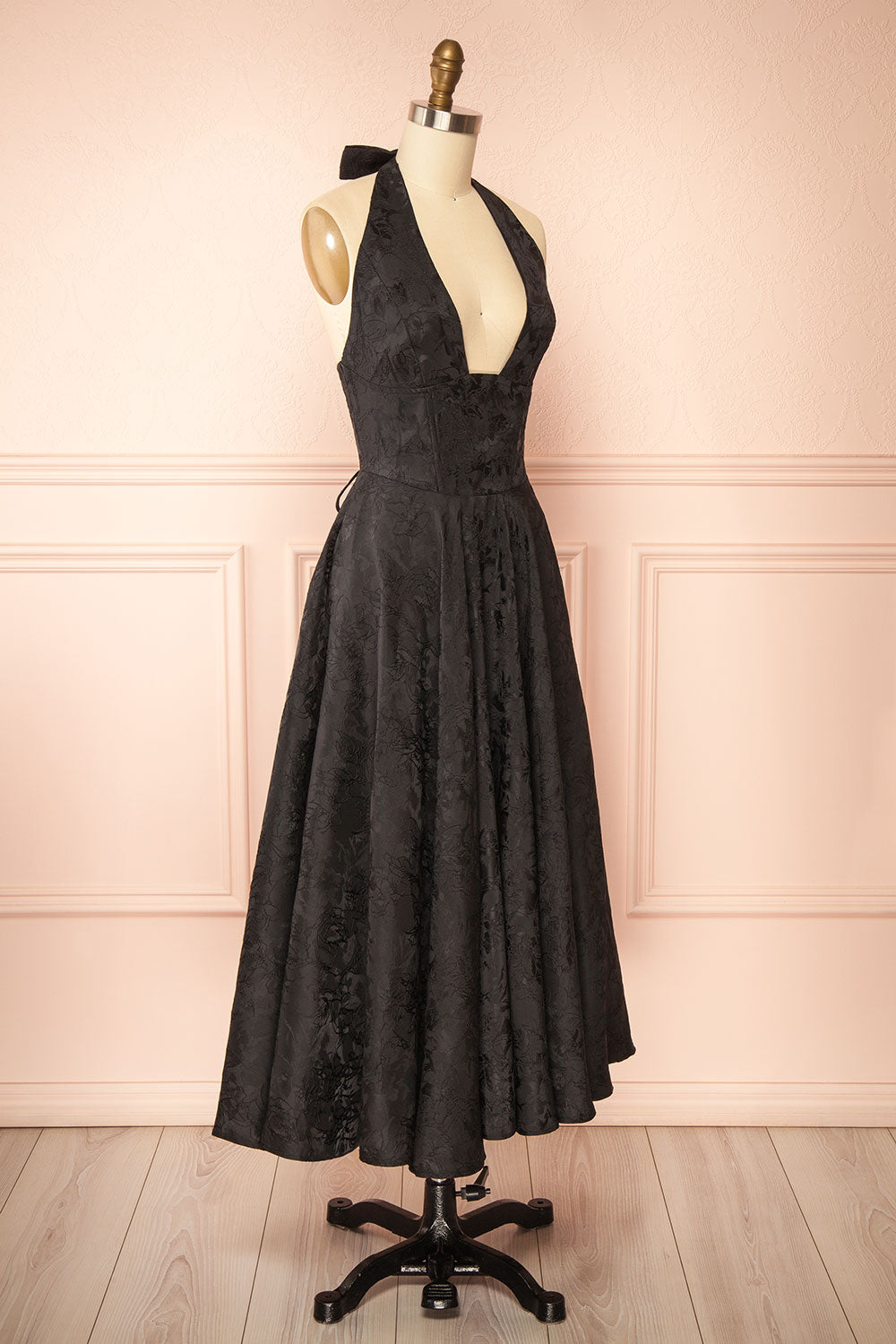 Nedjima Black Midi Jacquard Dress with Halter Neck and Pockets