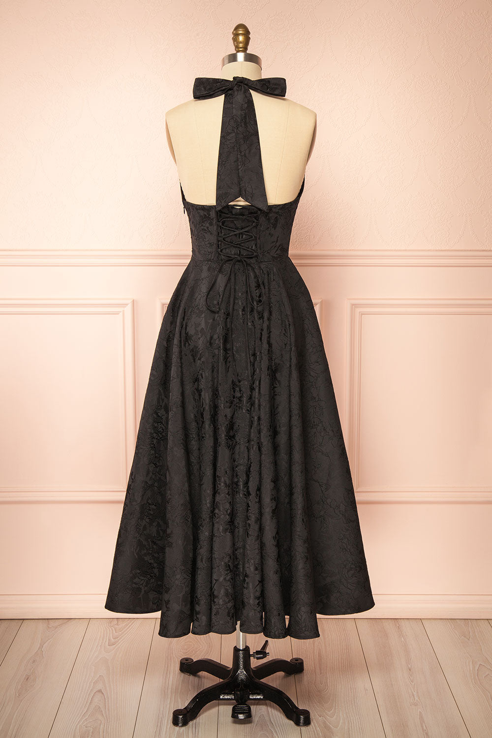Nedjima Black Midi Jacquard Dress with Halter Neck and Pockets