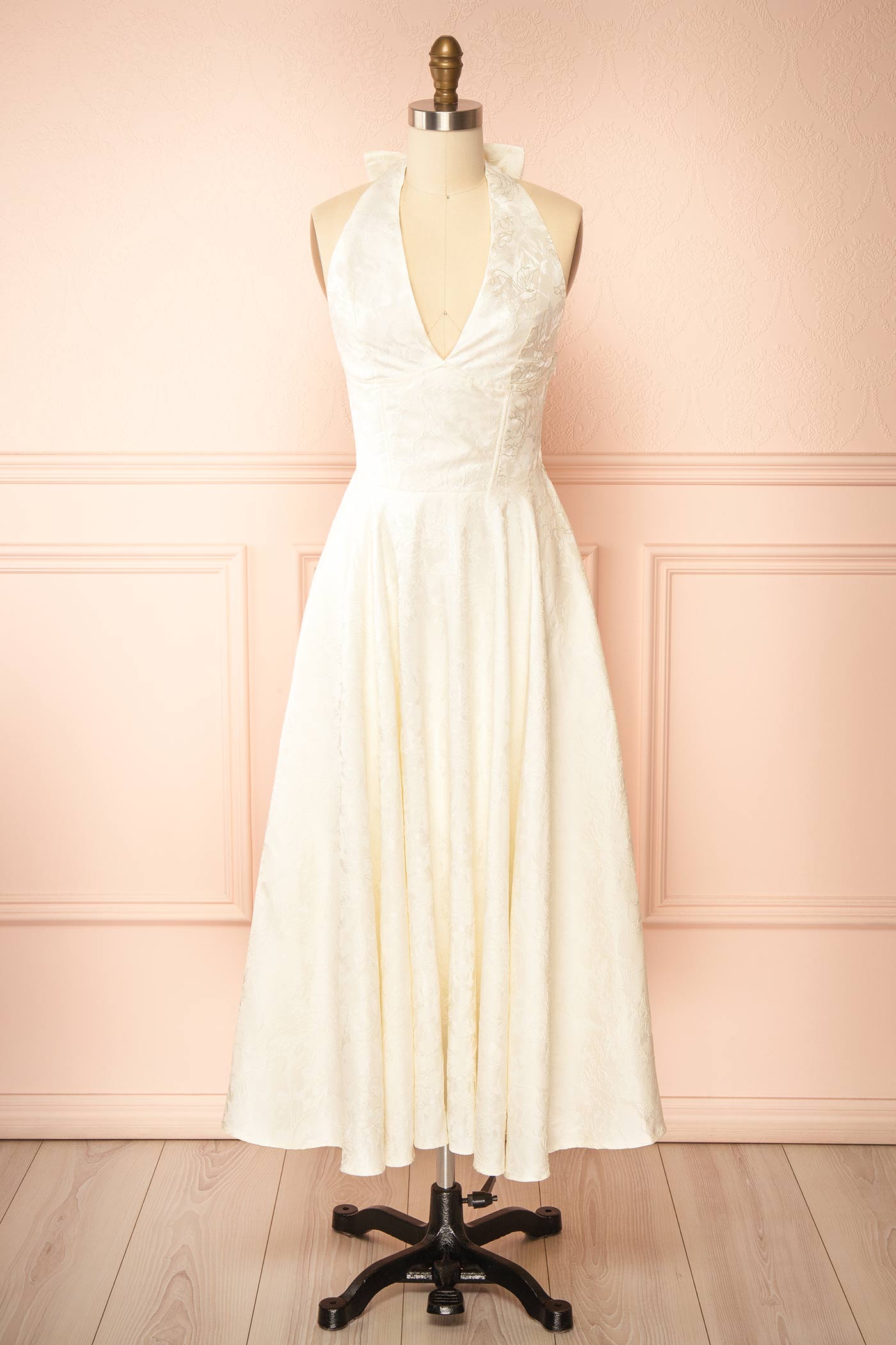 Nedjima Ivory | Midi Jacquard Dress with Halter Neck and Pockets