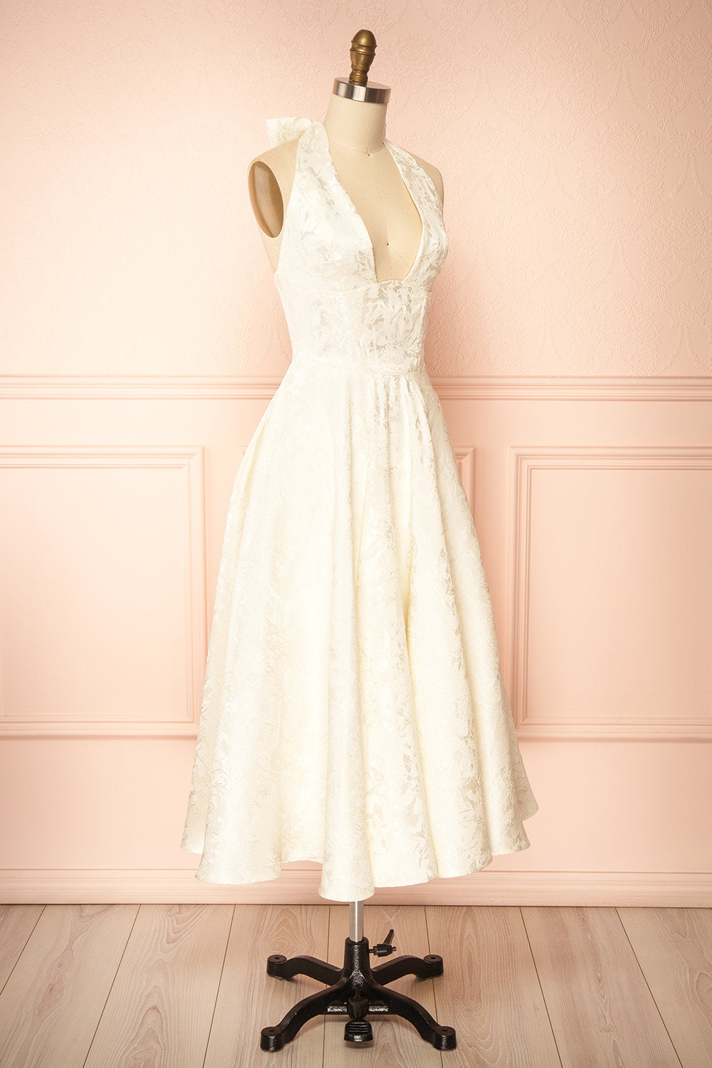 Nedjima Ivory Midi Jacquard Dress with Halter Neck and Pockets
