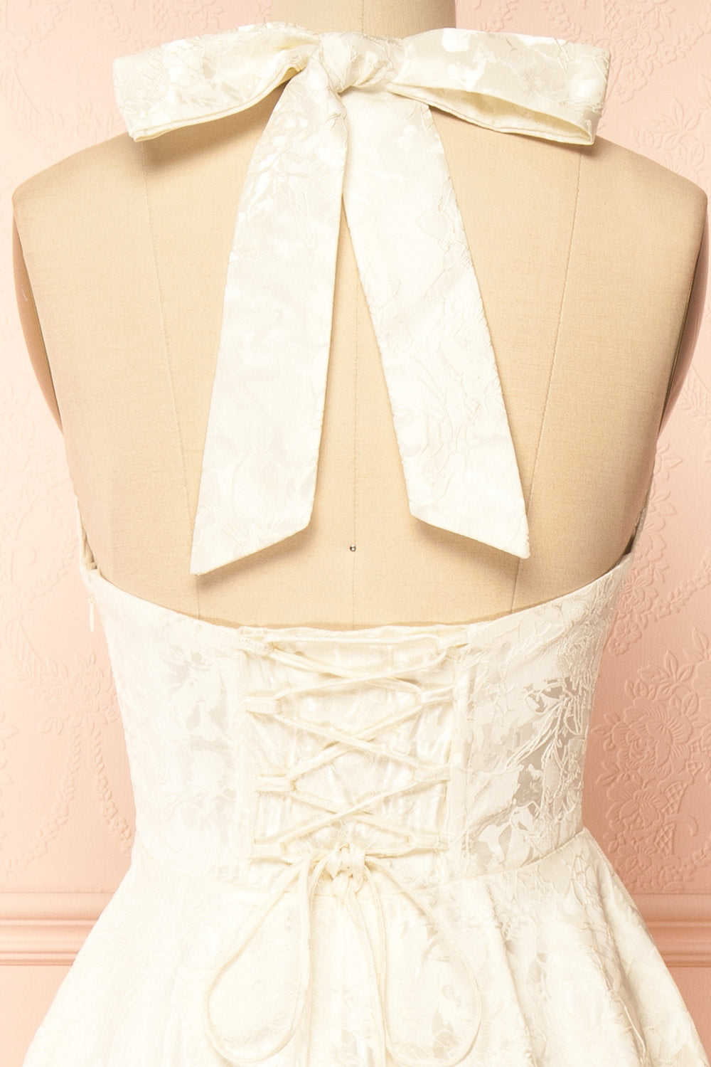 Nedjima Ivory Midi Jacquard Dress with Halter Neck and Pockets