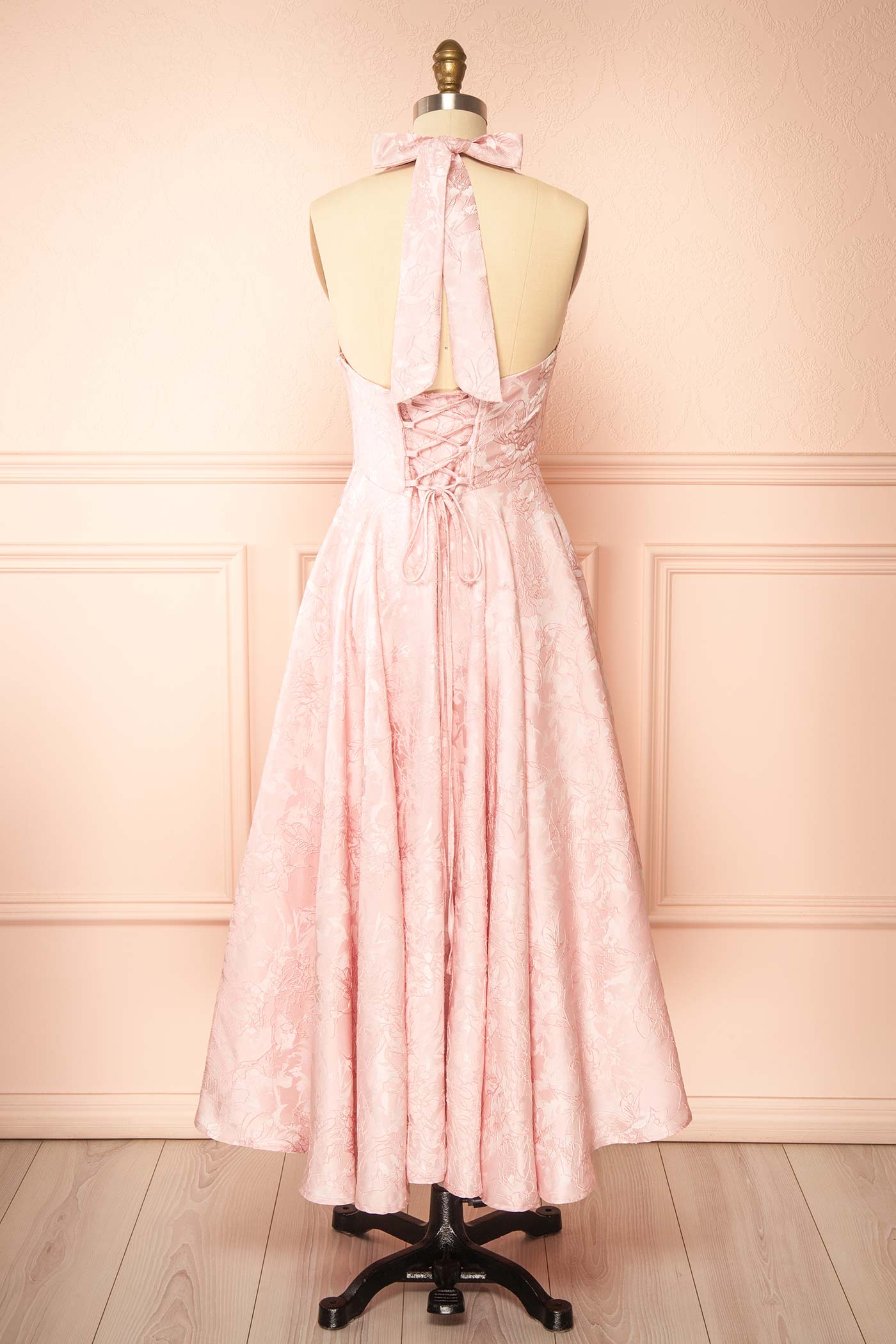 Nedjima Pink | Midi Jacquard Dress with Halter Neck and Pockets
