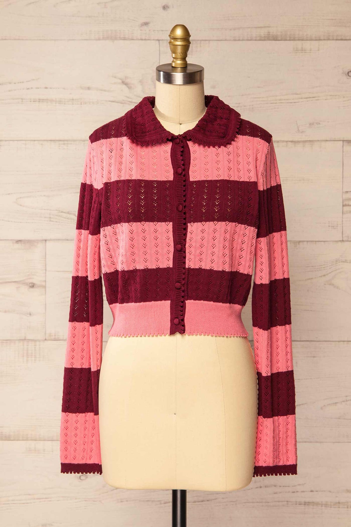 front view of Neiba Striped Cropped Cardigan in Pointelle Knit at La petite garçonne