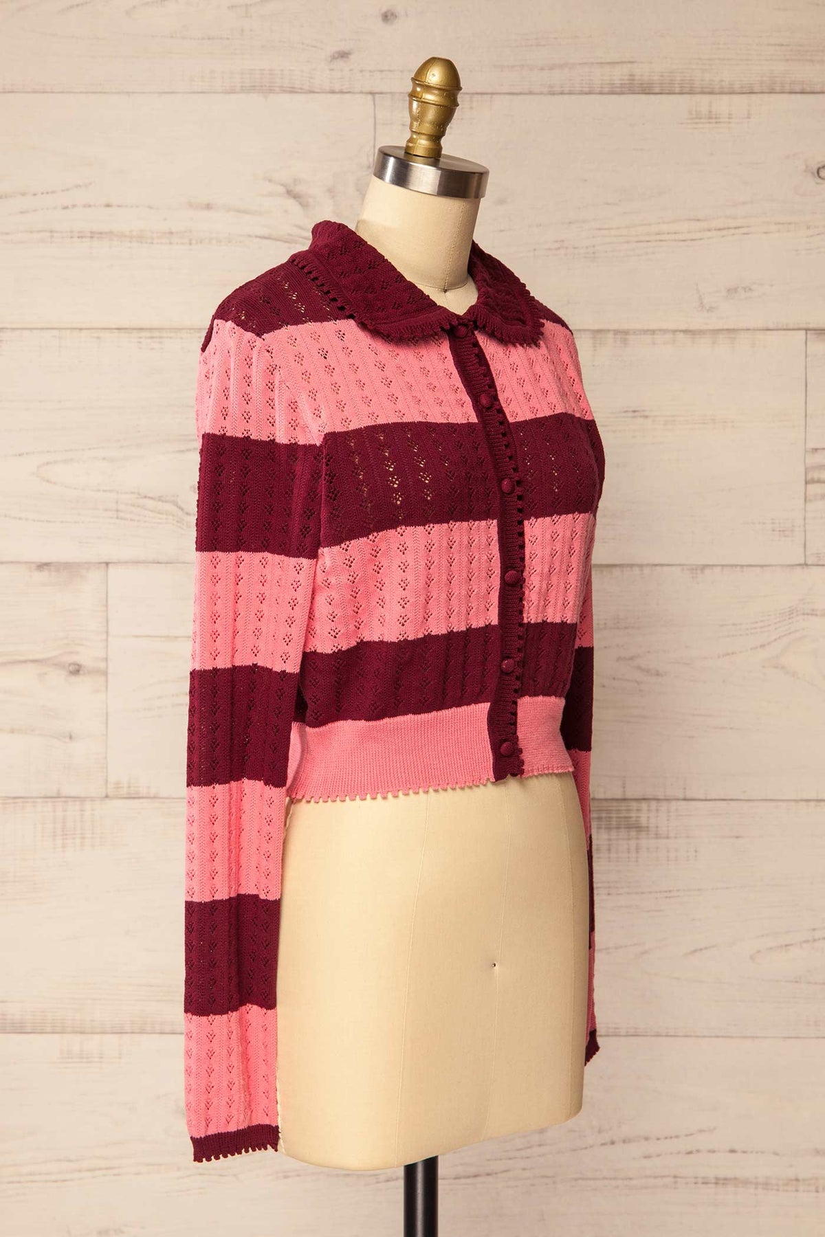 side view of Neiba Striped Cropped Cardigan in Pointelle Knit at La petite garçonne