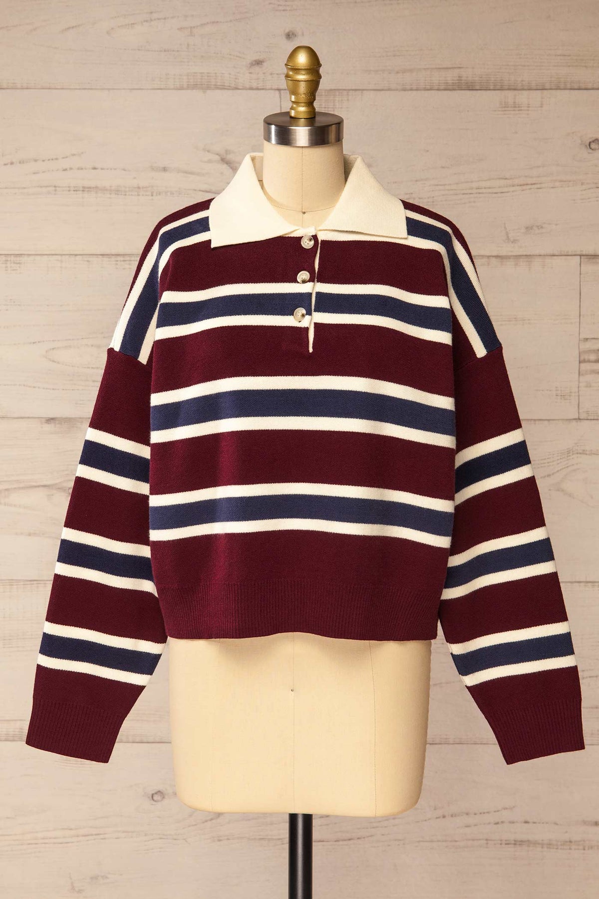 front view of Nemiscau Striped Burgundy Polo Sweater at La petite garçonne
