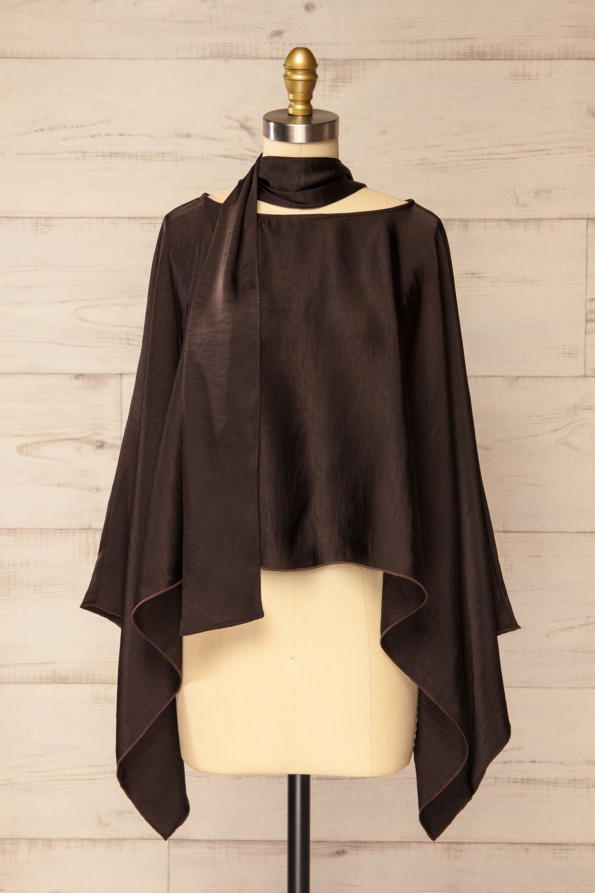 front view with scarf of Neomede Brown Satin Cape Top with Scarf at La petite garçonne