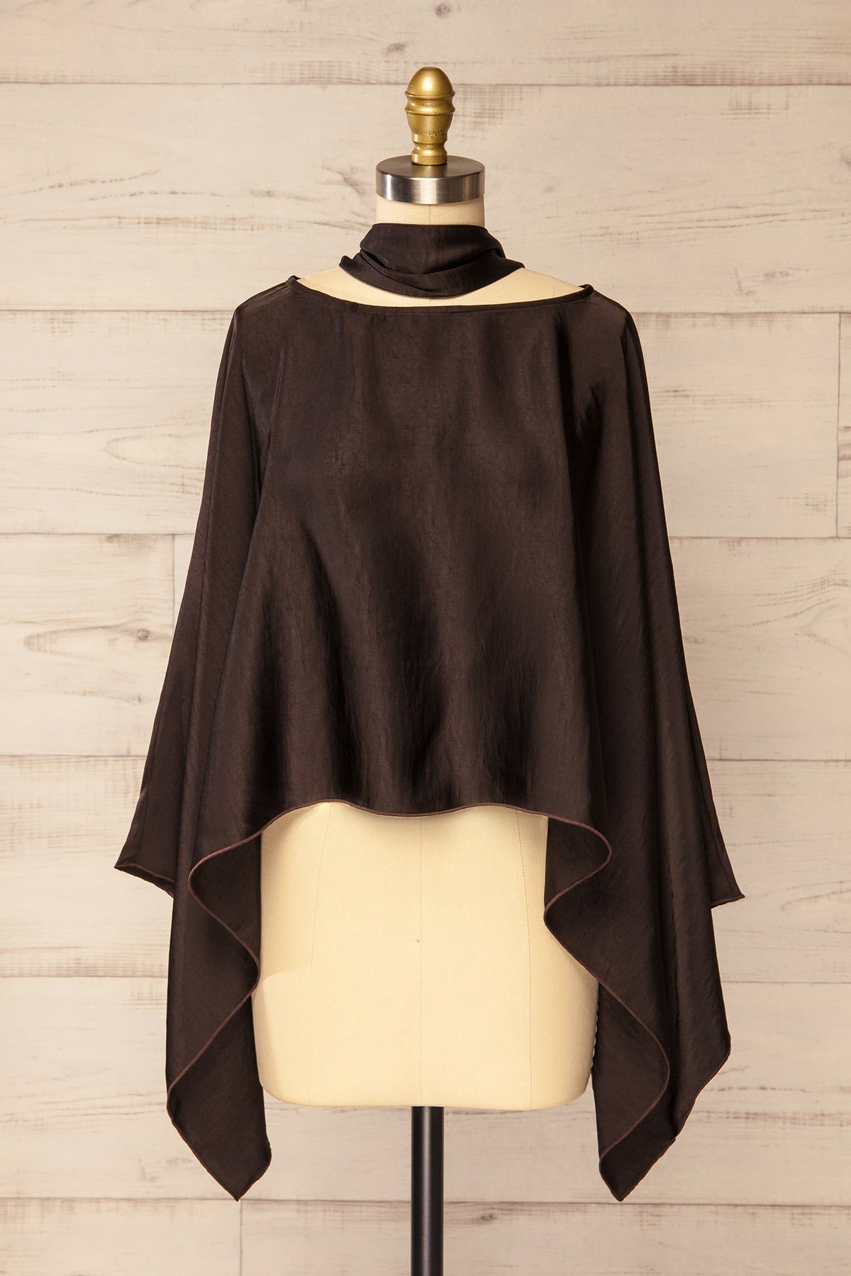 front view without scarf of Neomede Brown Satin Cape Top with Scarf at La petite garçonne