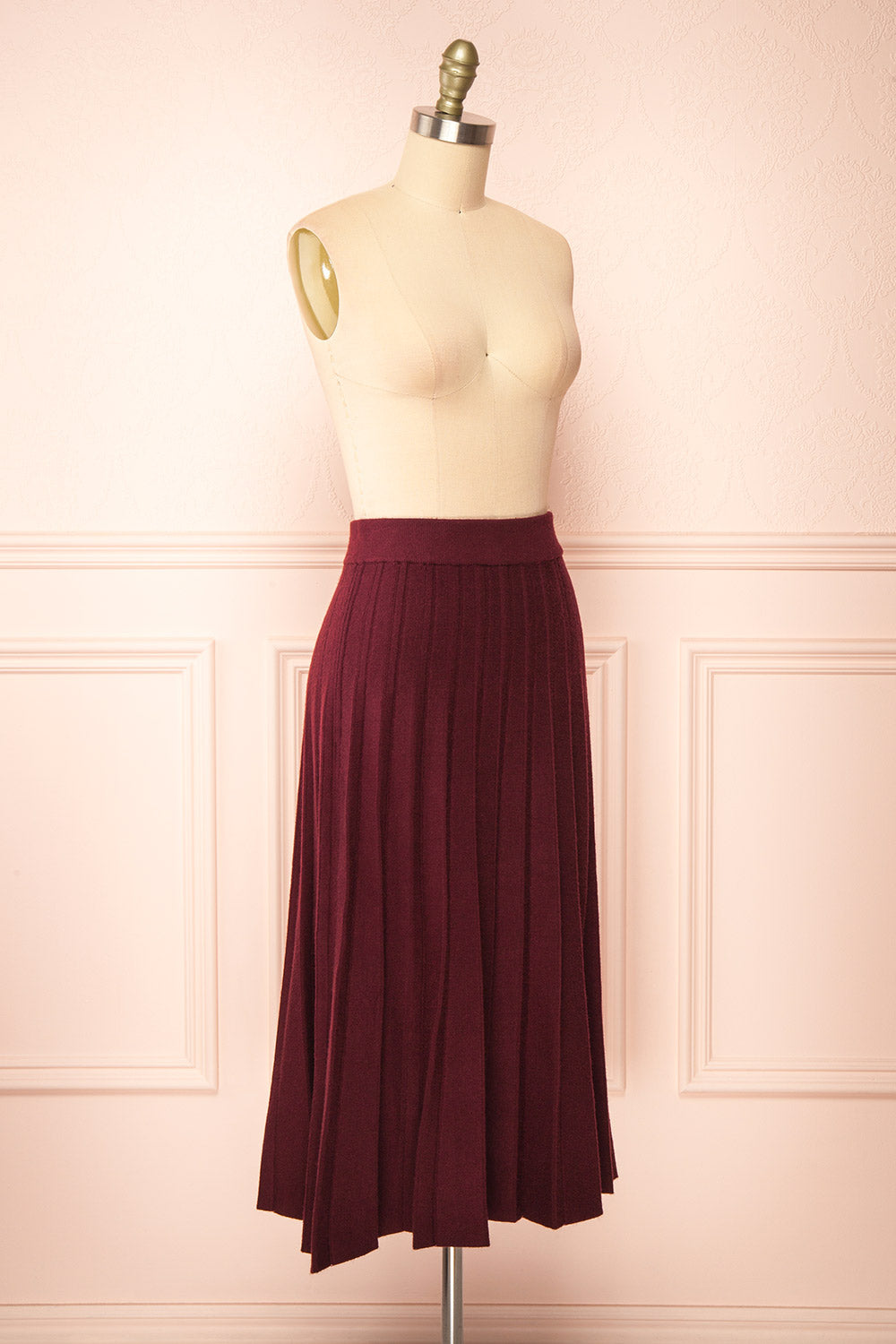 Neve Burgundy Midi Knit Pleated Skirt | Boutique 1861 side view