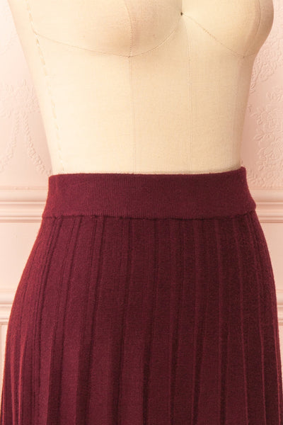 Neve Burgundy Midi Knit Pleated Skirt | Boutique 1861 side close-up