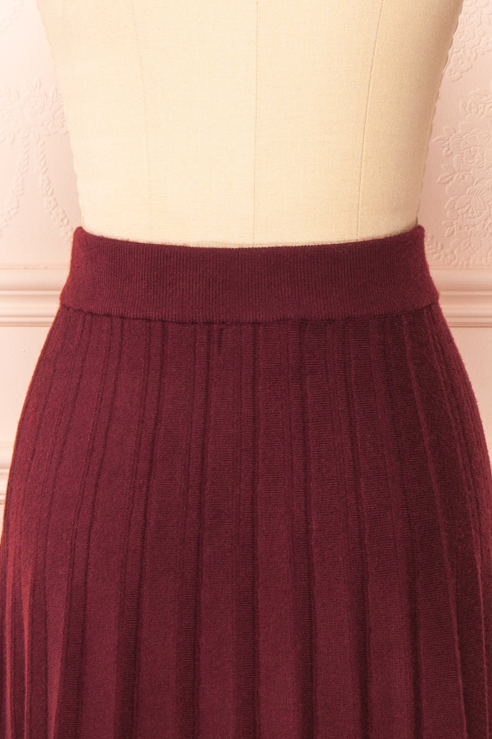 Neve Burgundy Midi Knit Pleated Skirt | Boutique 1861 back close-up