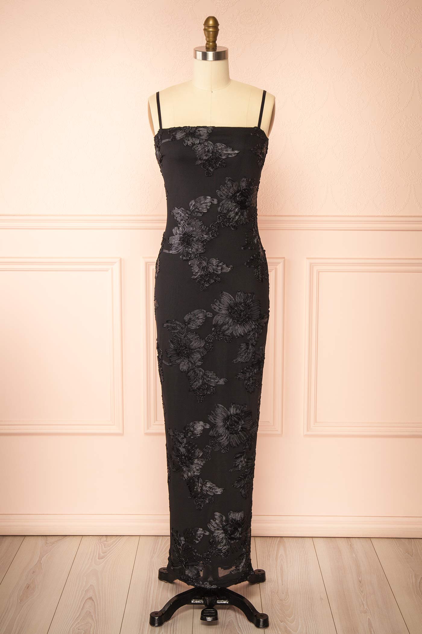 Neya Black Mesh Floral Maxi Dress with Back Slit