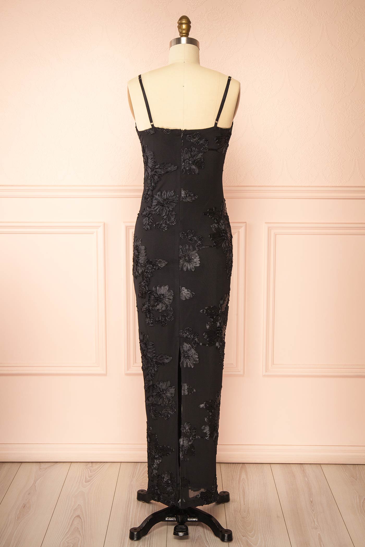 Neya Black Mesh Floral Maxi Dress with Back Slit