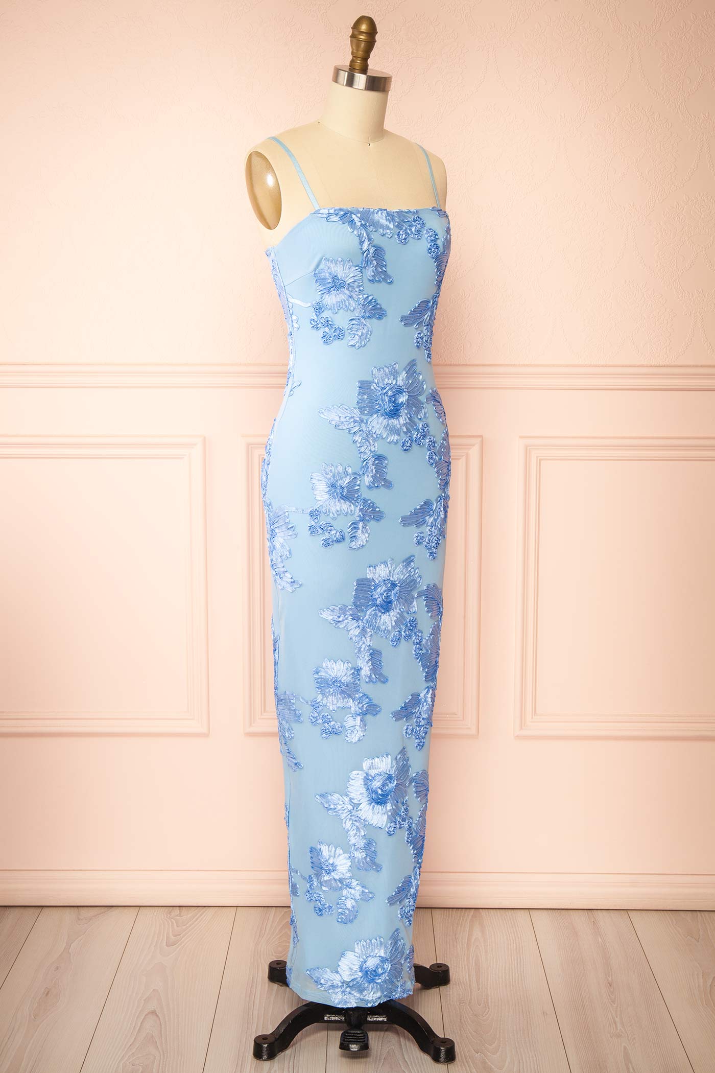 Neya Blue | Mesh Floral Maxi Dress with Back Slit
