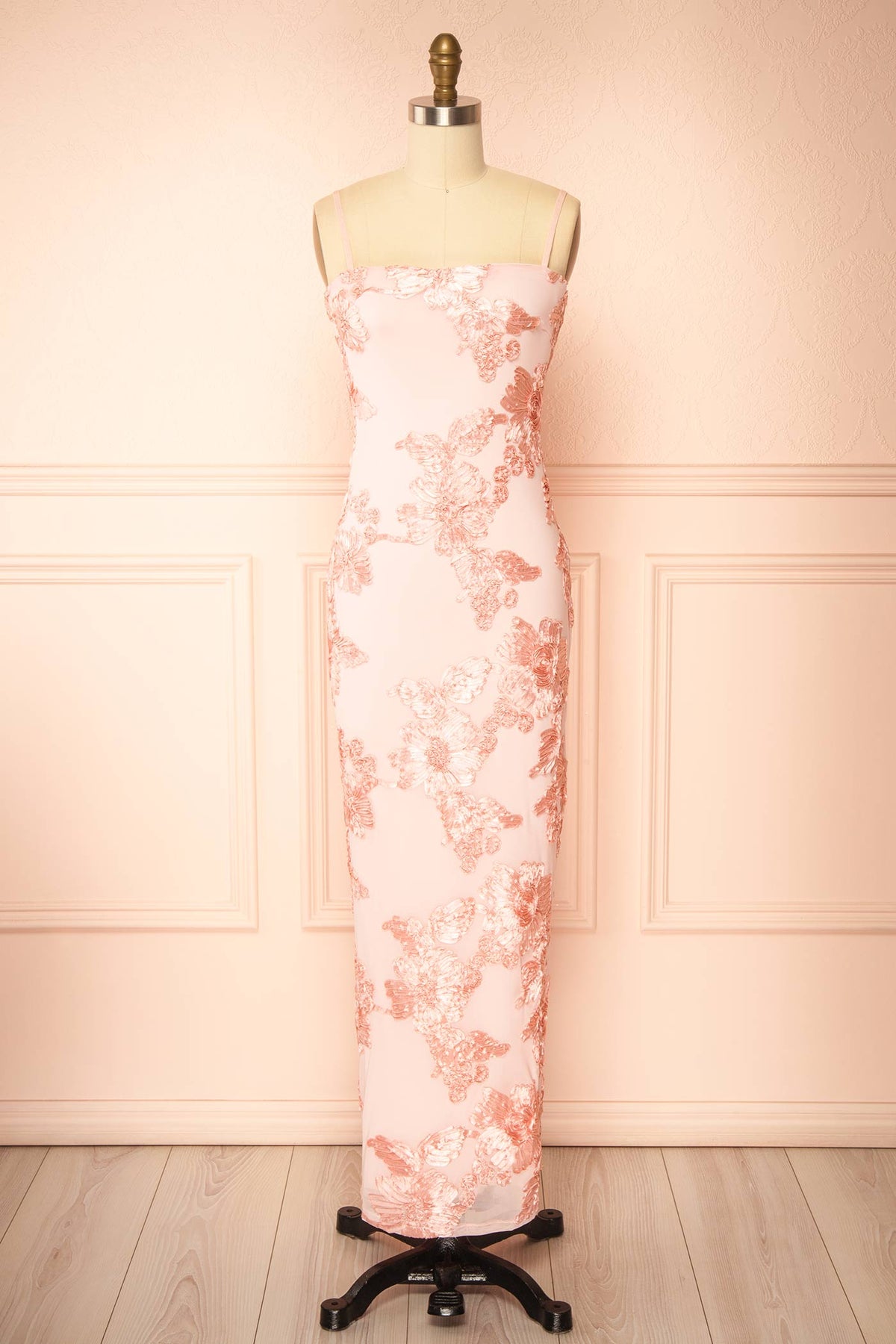 front view of Neya Pink Mesh Floral Maxi Dress with Back Slit at Boutique 1861