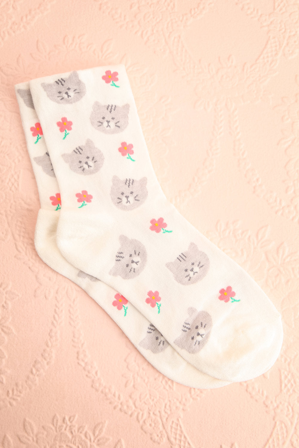 Niawu Grey Cats & Flowers Crew Socks | Boutique 1861