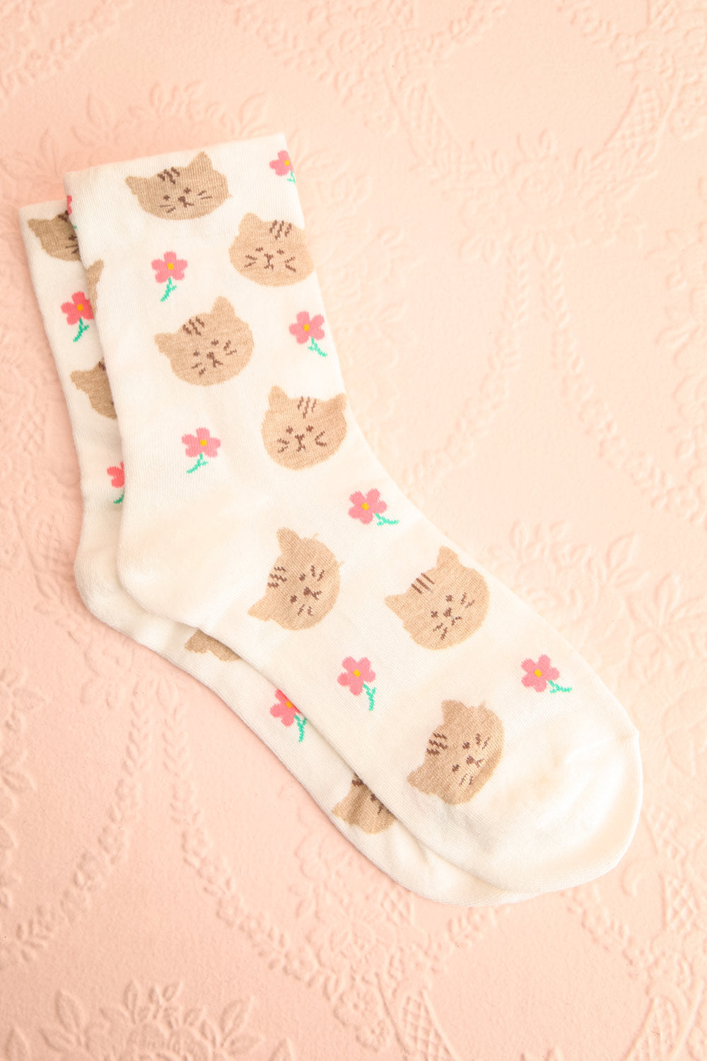 Niawu Taupe Cats & Flowers Crew Socks | Boutique 1861