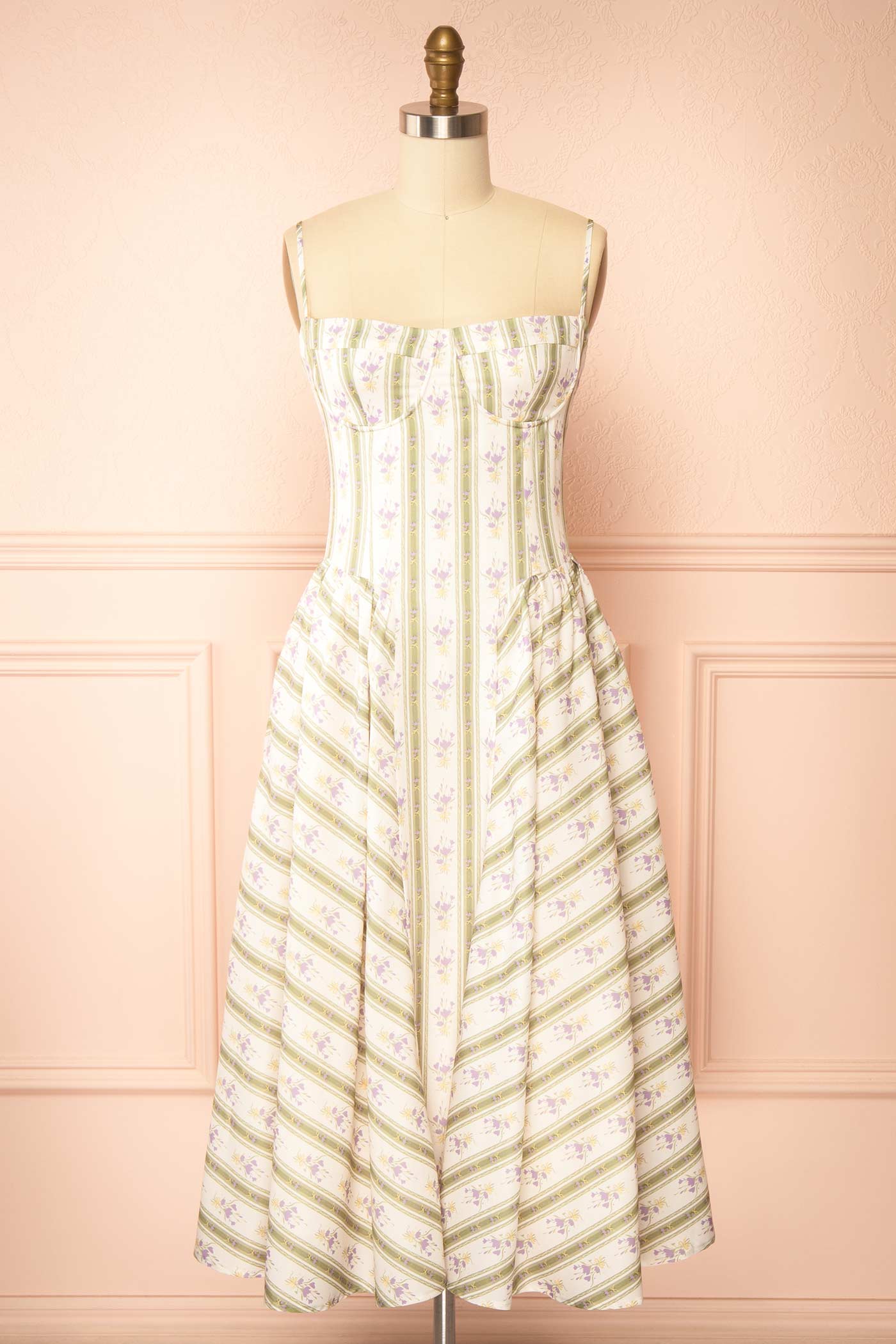 Frontview of Nilaja  Floral Stripes Midi Dress with Pockets at boutique 1861