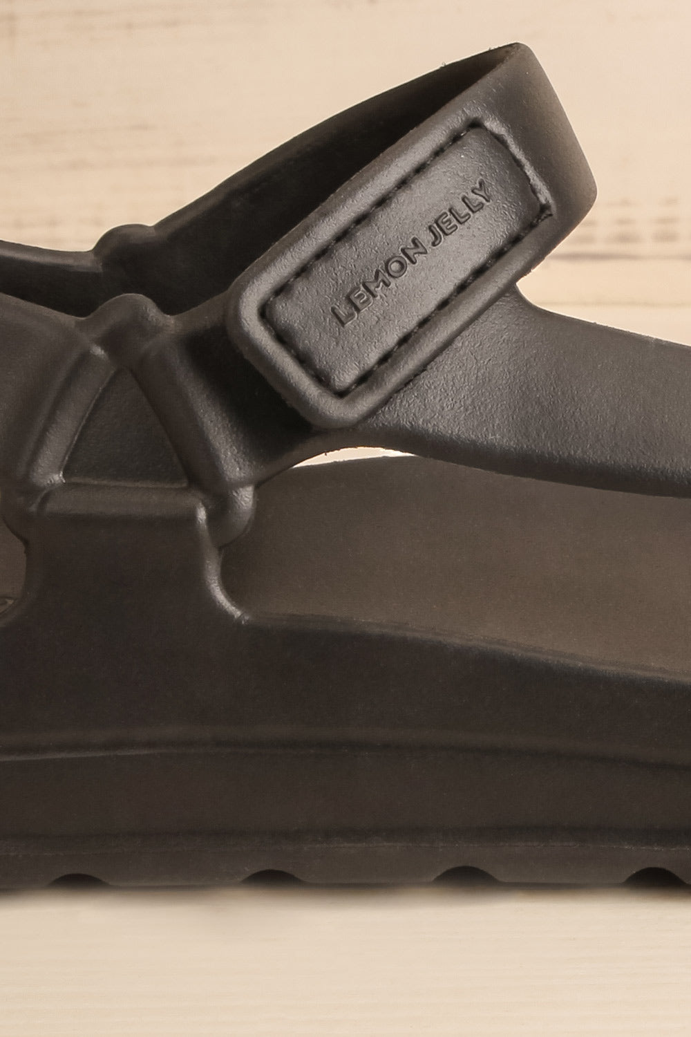 Nollah Black Sandals w/ Velcro Closure | La petite garçonne side close-up
