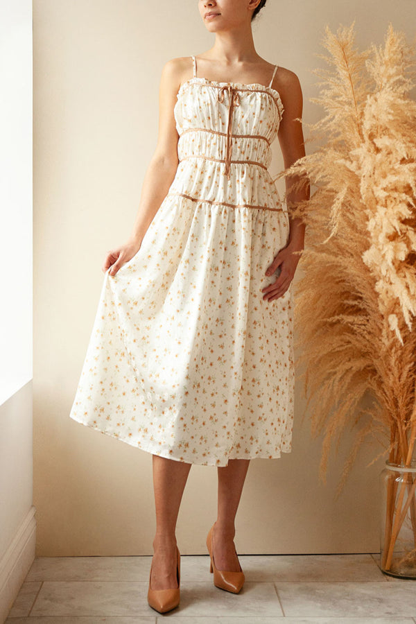 Norelle Beige Floral A-Line Satin Midi Dress | Boutique 1861 Norelle Beige Floral A-Line Satin Midi Dress | Boutique 1861