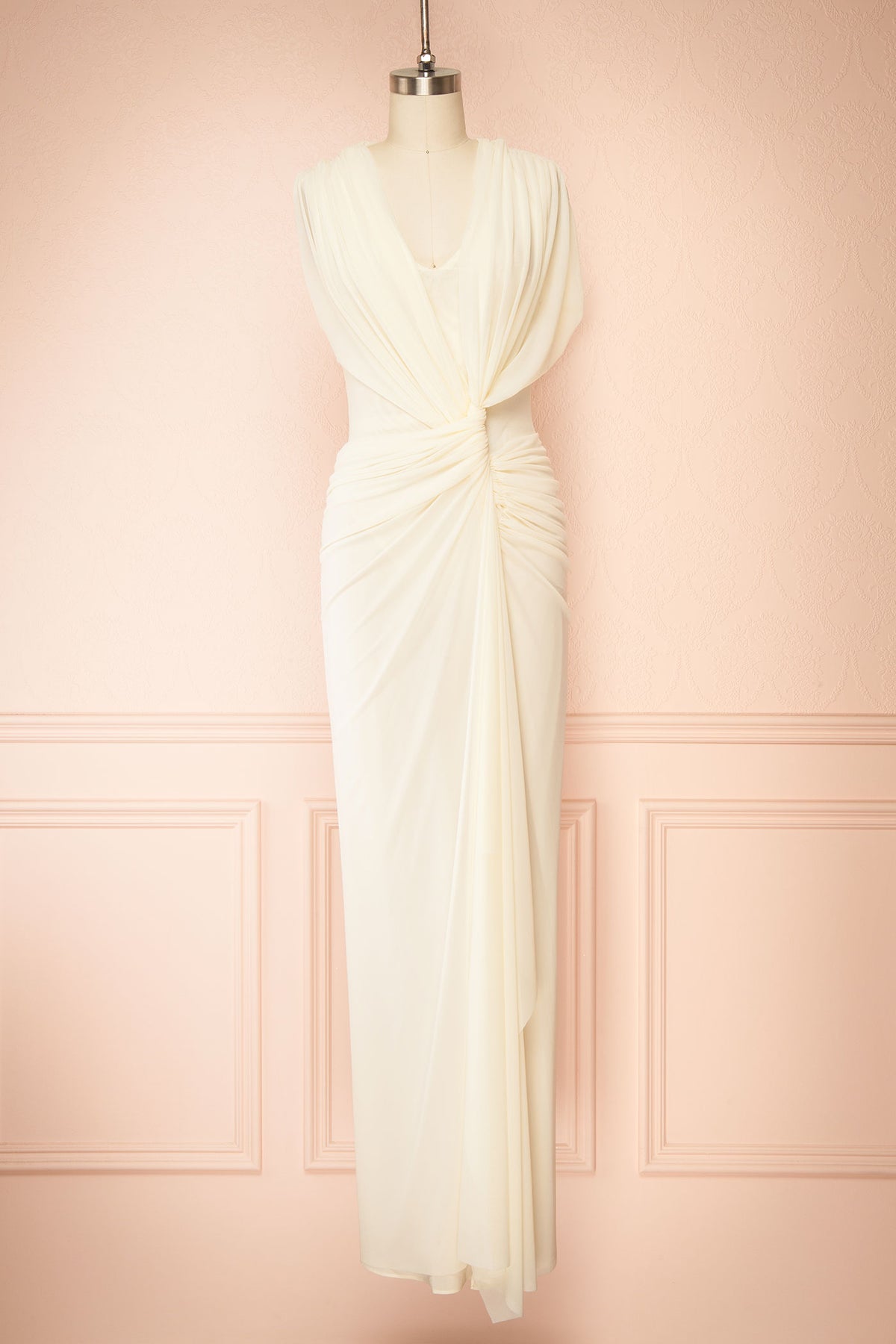 front view of Noriko Ivory Ruched Twist-Front Maxi Dress at Boudoir 1861