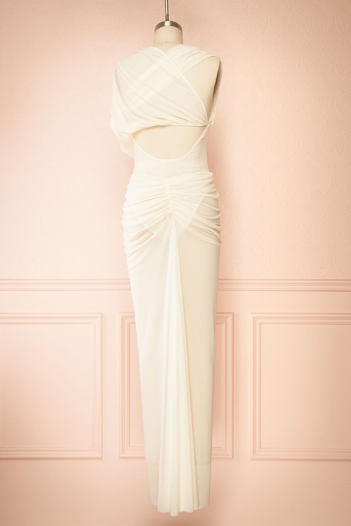 no skirt back view of Noriko Ivory Ruched Twist-Front Maxi Dress at Boudoir 1861