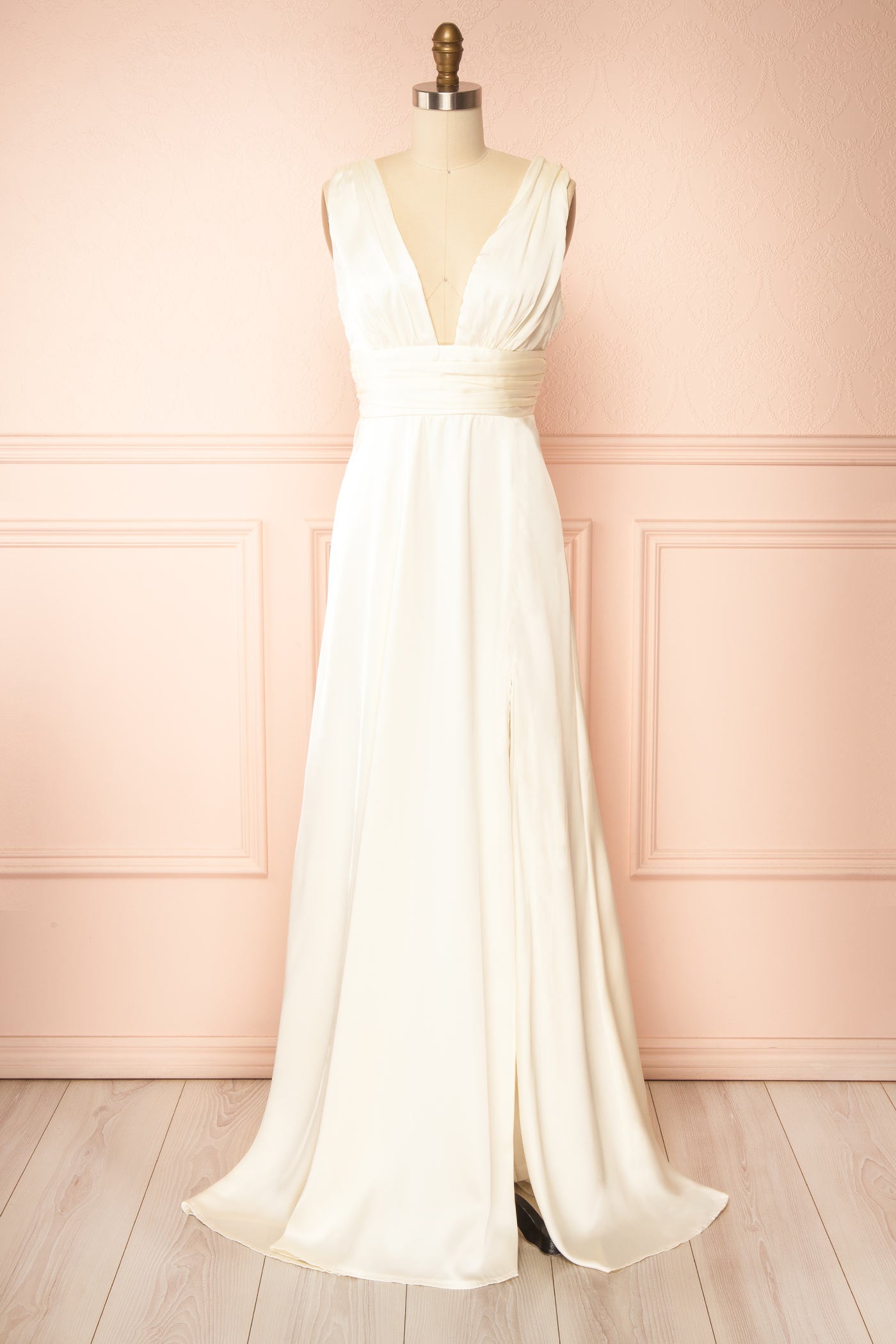 Novaelia Champagne Satin V-Neck Maxi Dress with Front Slit | Boudoir 1861 front view