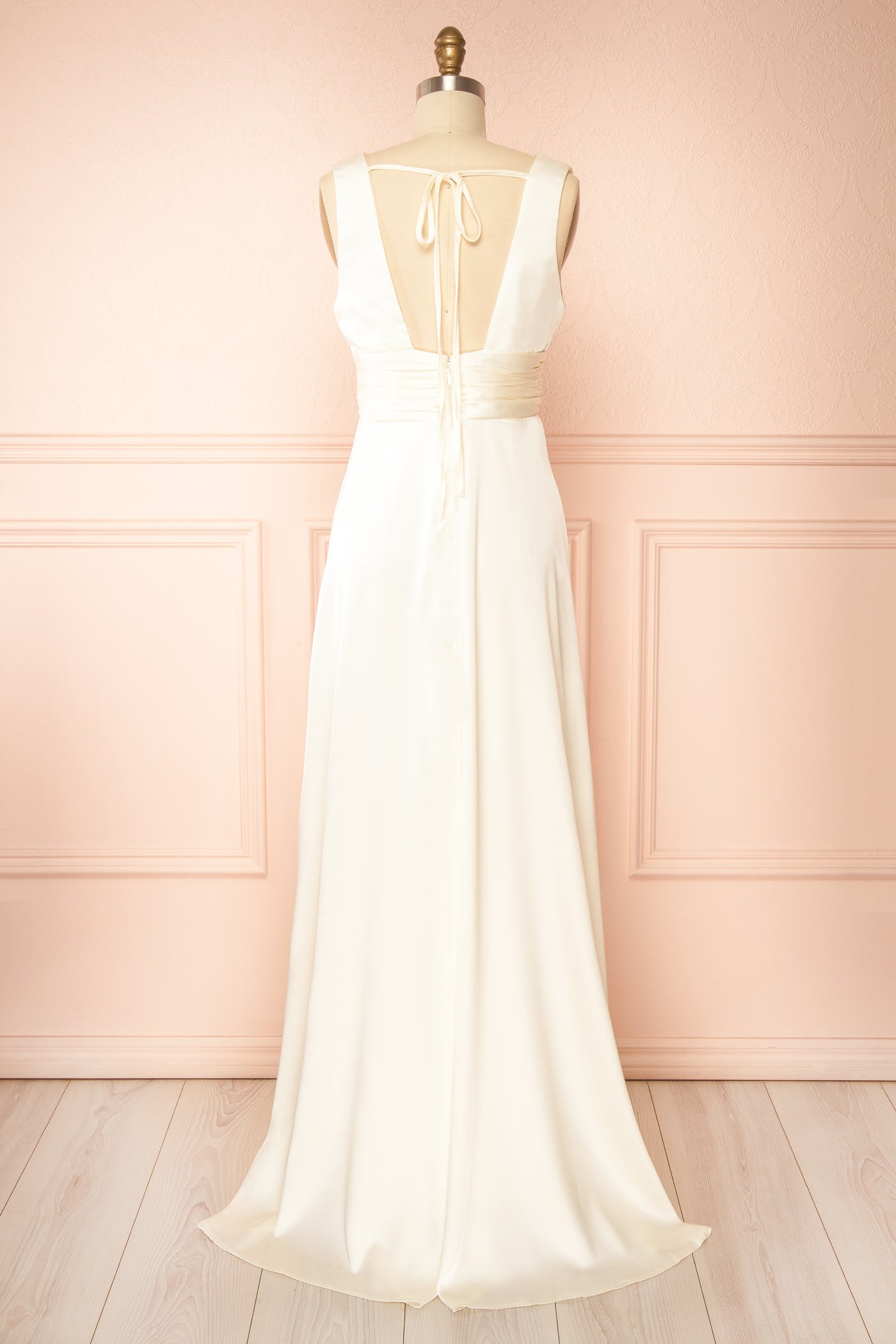 Novaelia Champagne Satin V-Neck Maxi Dress with Front Slit | Boudoir 1861 back view