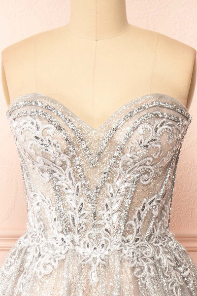 Novalie Strapless Glitter Midi Dress | Boutique 1861  front close-up