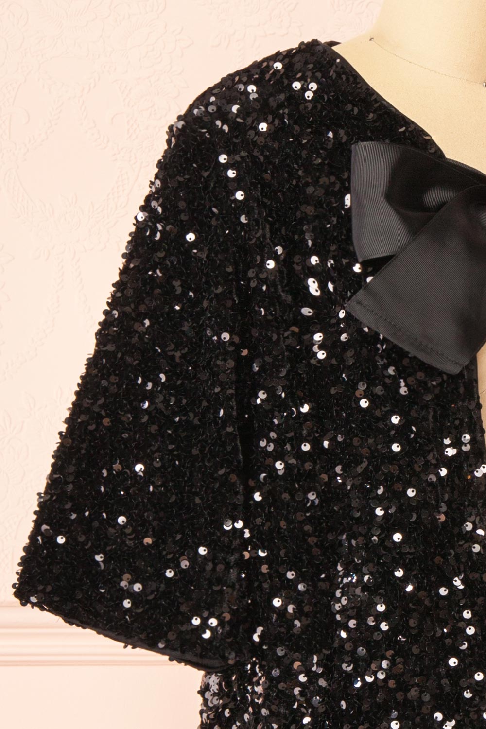 Nyala Short-Sleeved Black Sequins Cardigan | Boutique 1861 side close-up