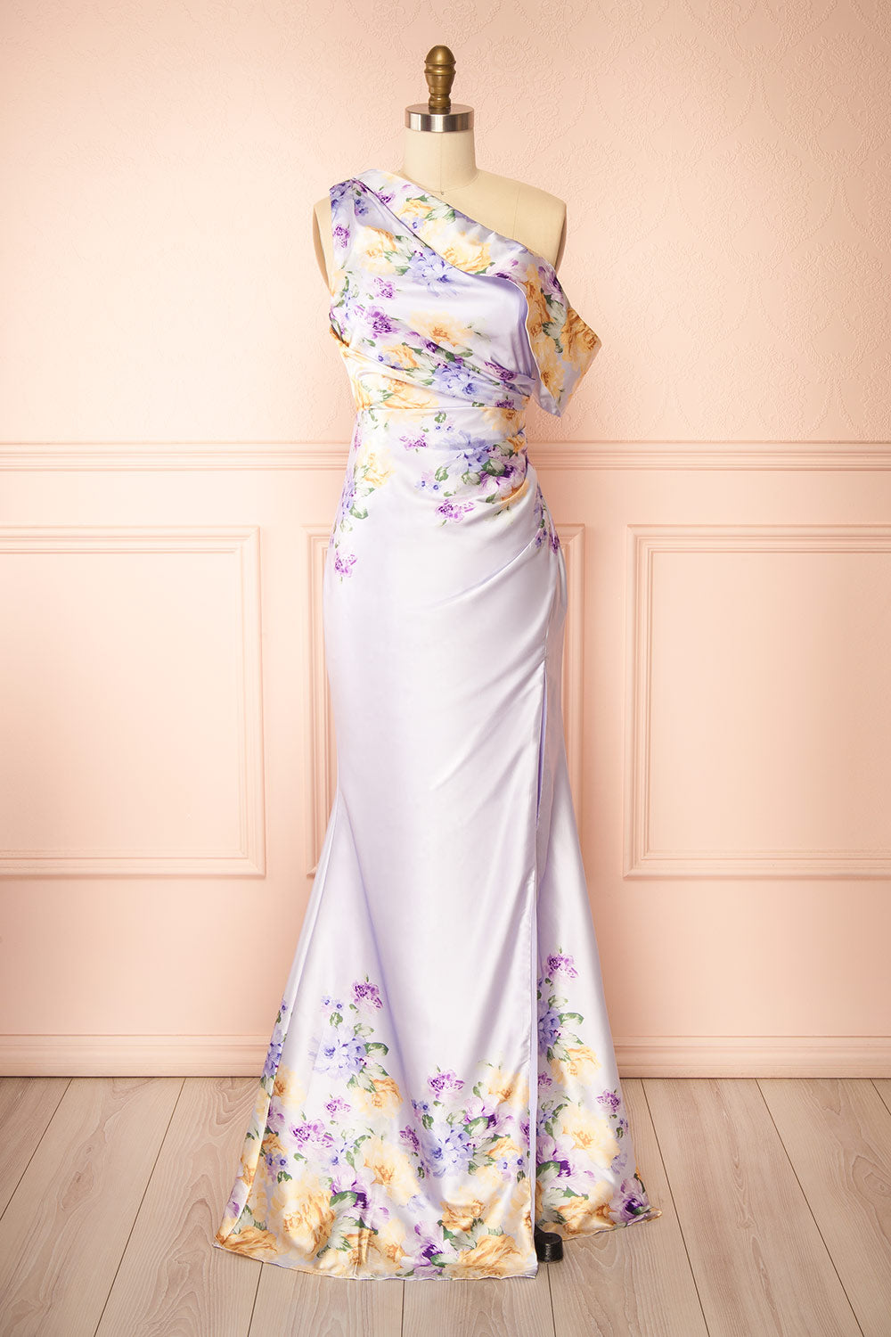 Nymara One-Shoulder Lilac Dress with Slit | Boutique 1861 front view