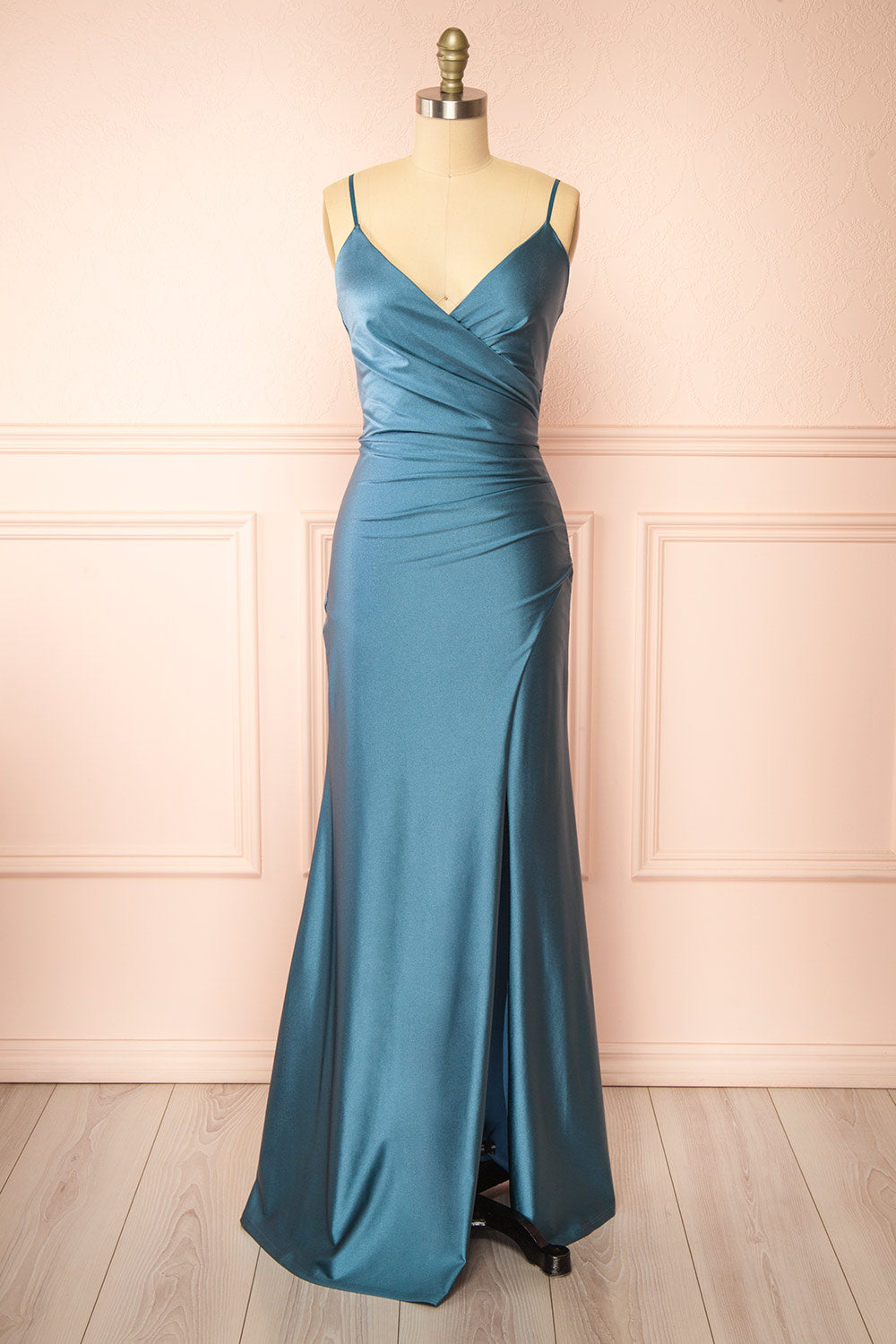 Nyra Blue Grey Mermaid Dress w/ Wrapped Bodice | Boutique 1861 front view