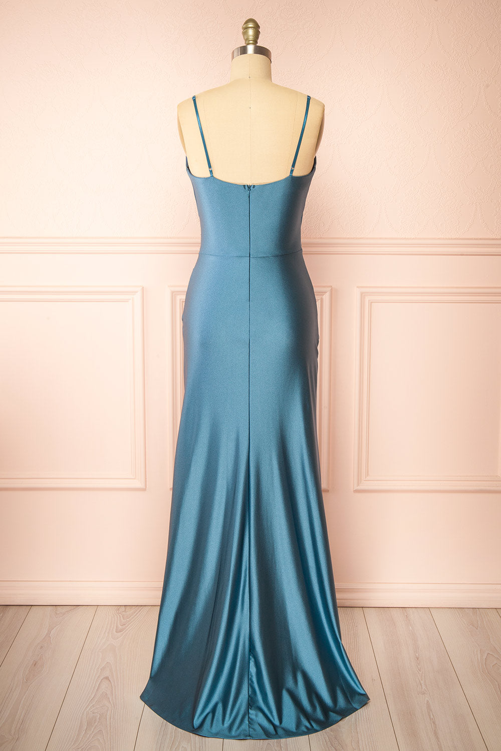 Nyra Blue Grey Mermaid Dress w/ Wrapped Bodice | Boutique 1861 back view