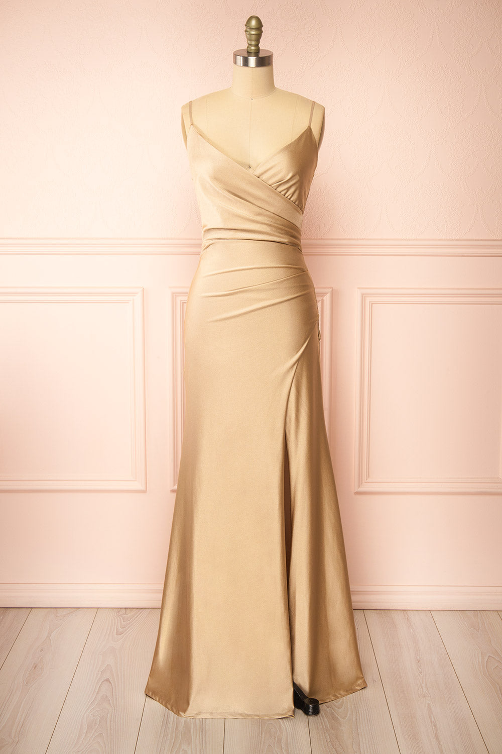 Nyra Champagne Mermaid Dress w/ Wrapped Bodice | Boutique 1861 front view