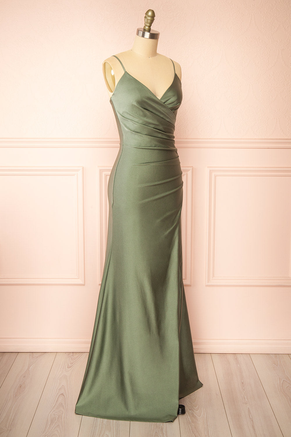 Nyra Khaki Mermaid Dress w/ Wrapped Bodice | Boutique 1861 side view