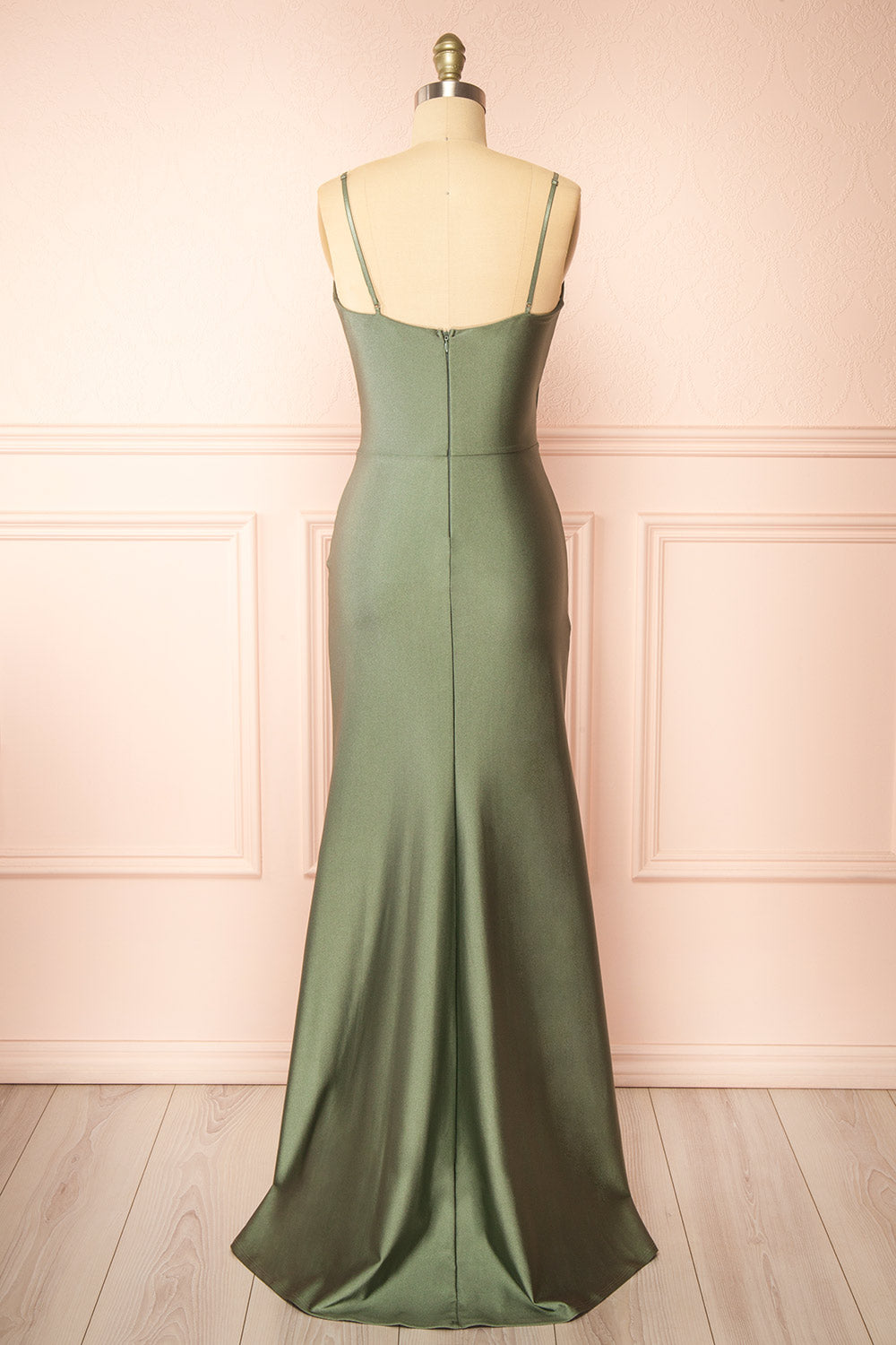 Nyra Khaki Mermaid Dress w/ Wrapped Bodice | Boutique 1861 back view