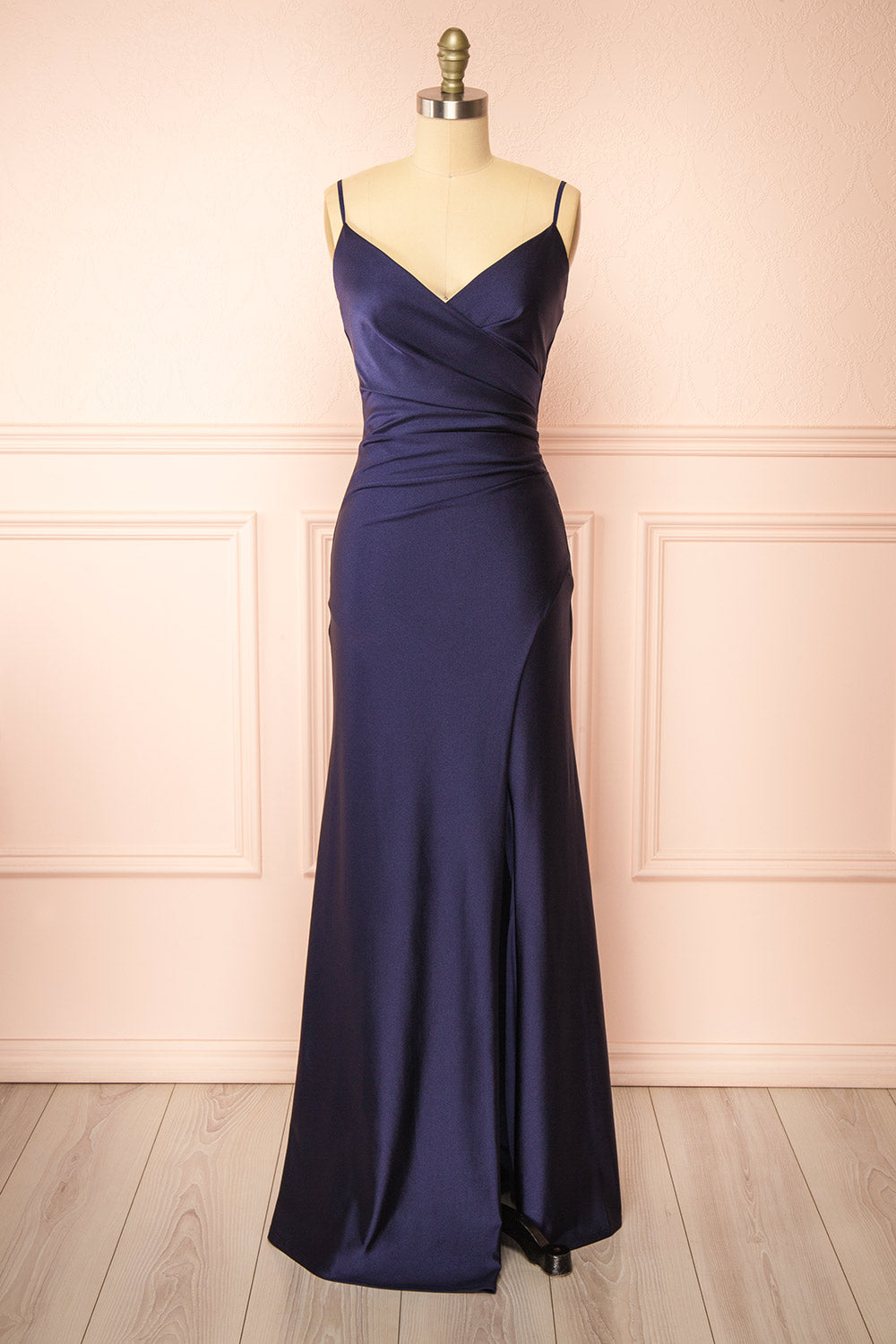 Nyra Navy Mermaid Dress w/ Wrapped Bodice | Boutique 1861 front view