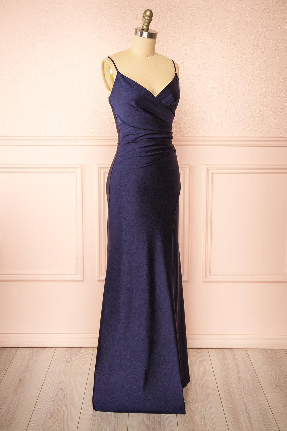 Nyra Navy Mermaid Dress w/ Wrapped Bodice | Boutique 1861 side view