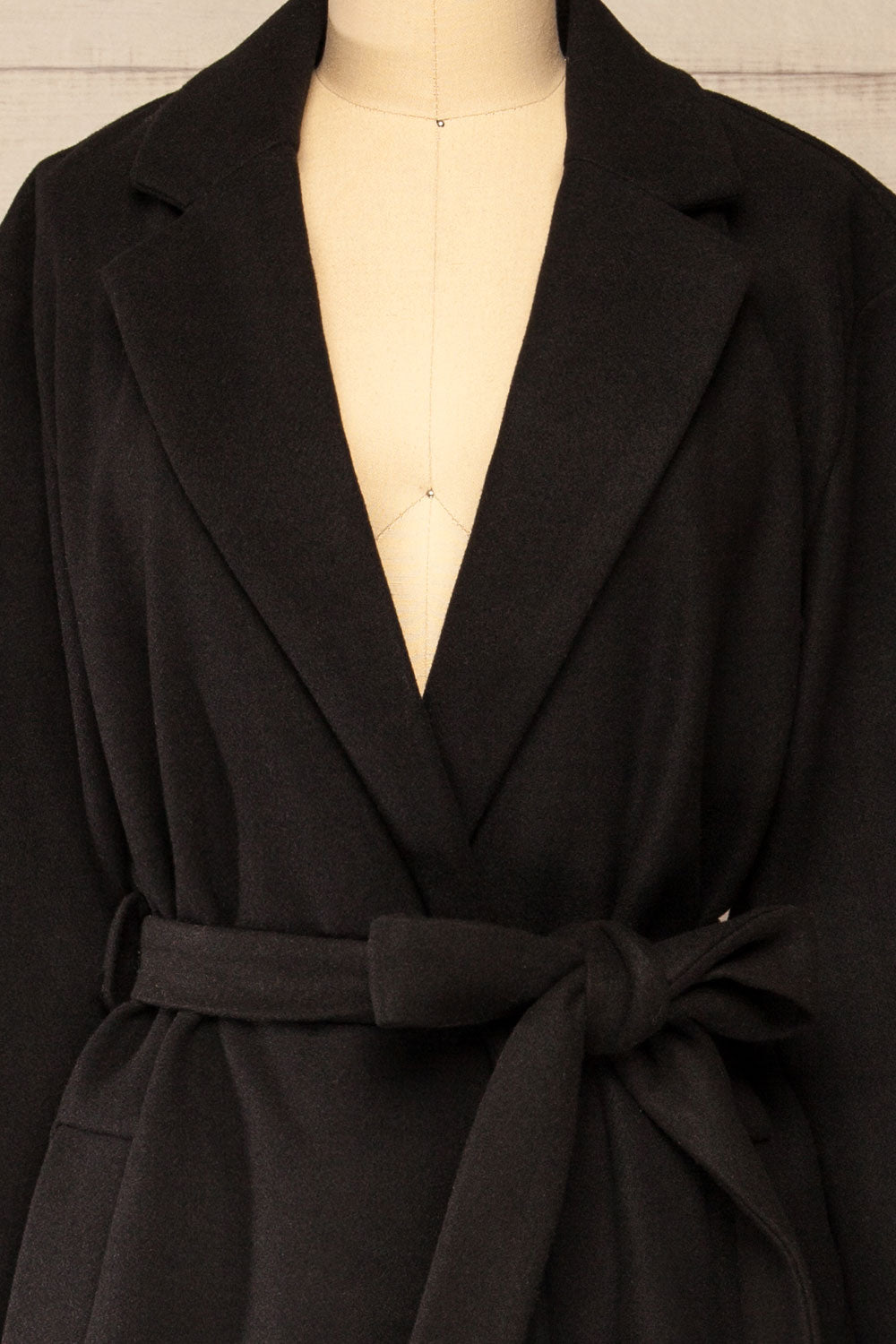 Ockley Long Black Felt Coat | La petite garçonne front close-up