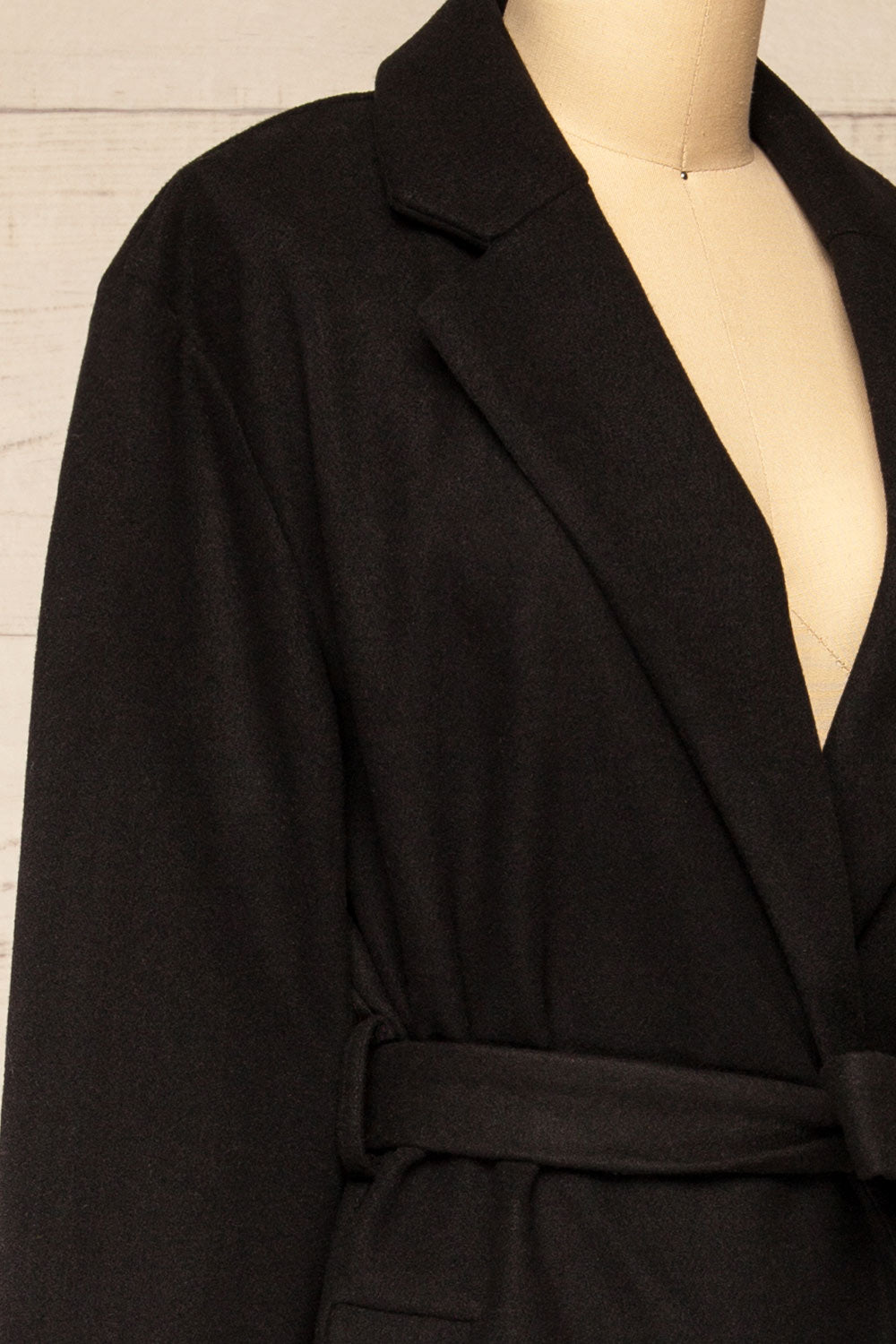 Ockley Long Black Felt Coat | La petite garçonne side close-up