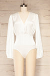Octeville White Satin Bodysuit w/ Pleated Detail | La petite garçonne front view