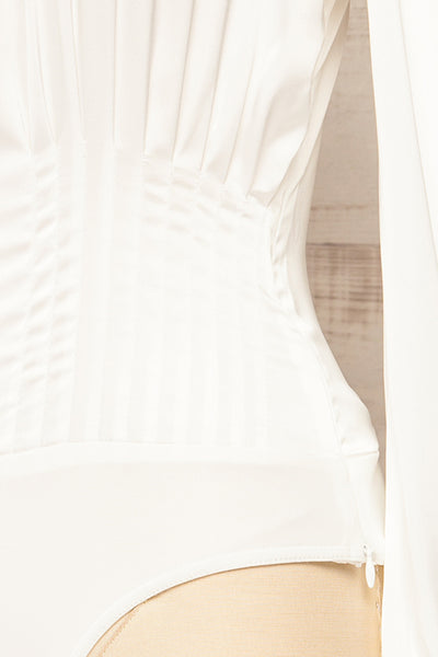Octeville White Satin Bodysuit w/ Pleated Detail | La petite garçonne zipper